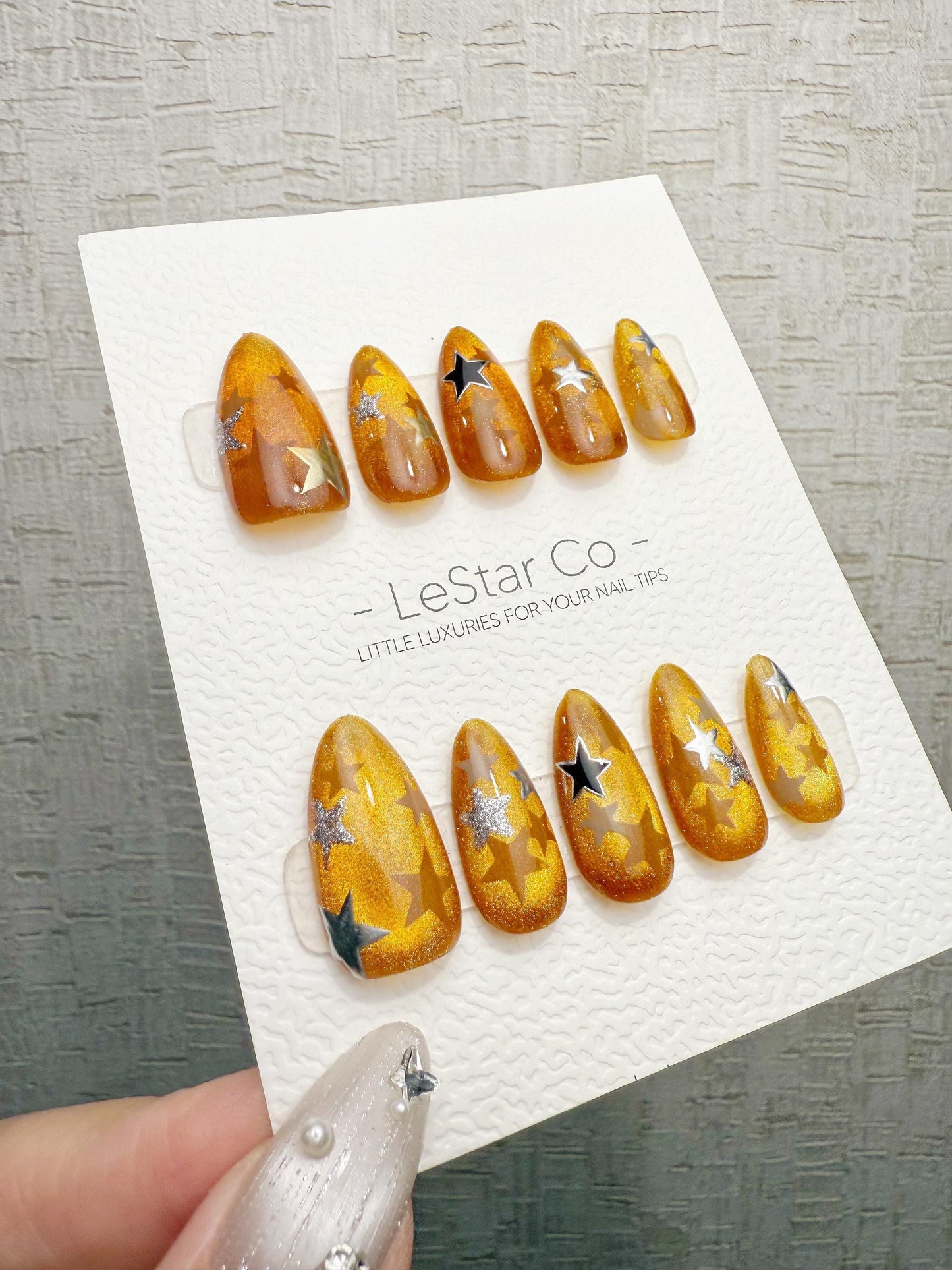 Reusable Amber Starfall | Handmade Press On Gel Acrylic Nails | 4for3 Timed Offer