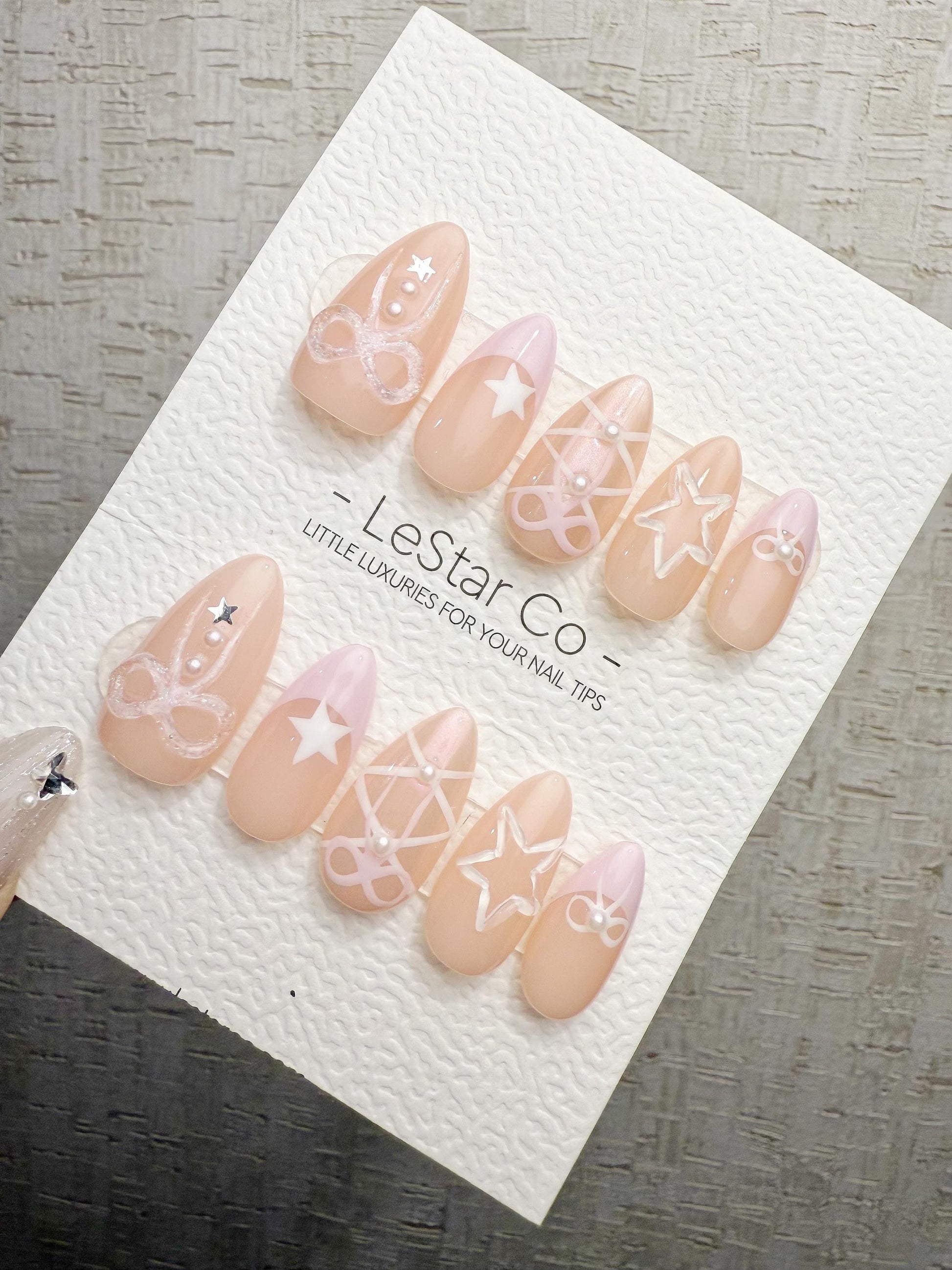 Reusable Milky Star Bow | Handmade Press On Gel Acrylic Nails | 4for3 Timed Offer