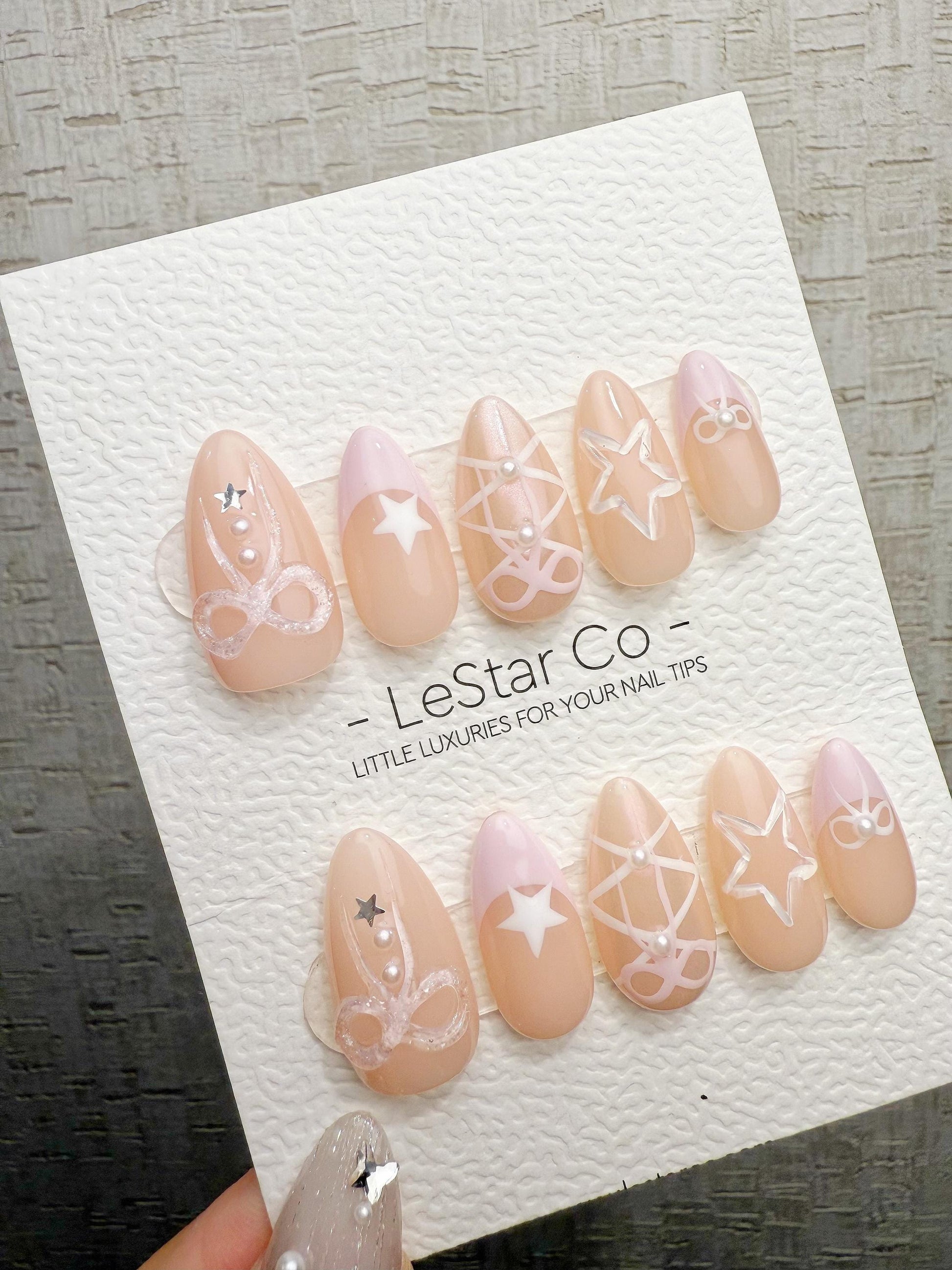 Reusable Milky Star Bow | Handmade Press On Gel Acrylic Nails | 4for3 Timed Offer