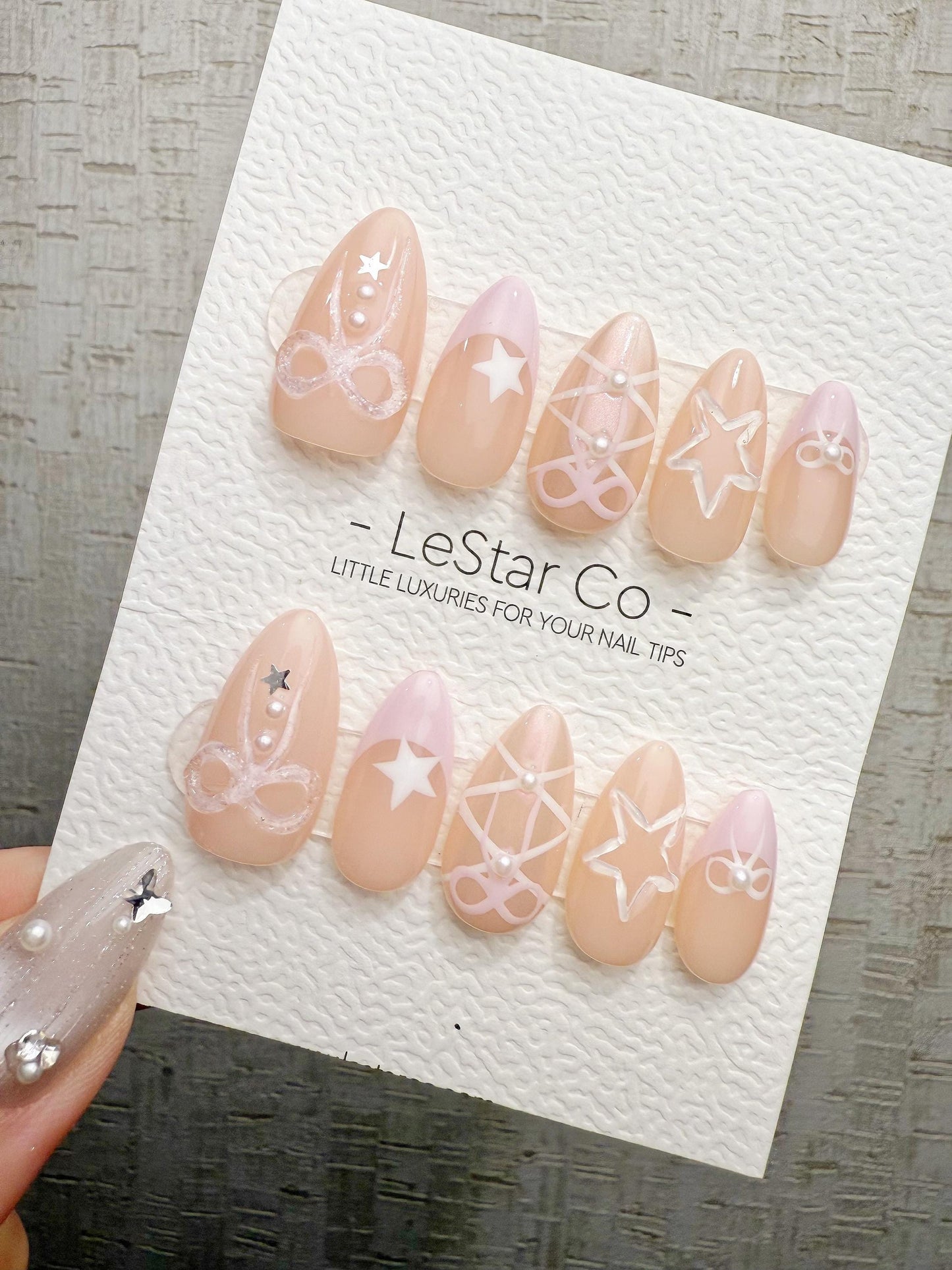 Reusable Milky Star Bow | Handmade Press On Gel Acrylic Nails | 4for3 Timed Offer