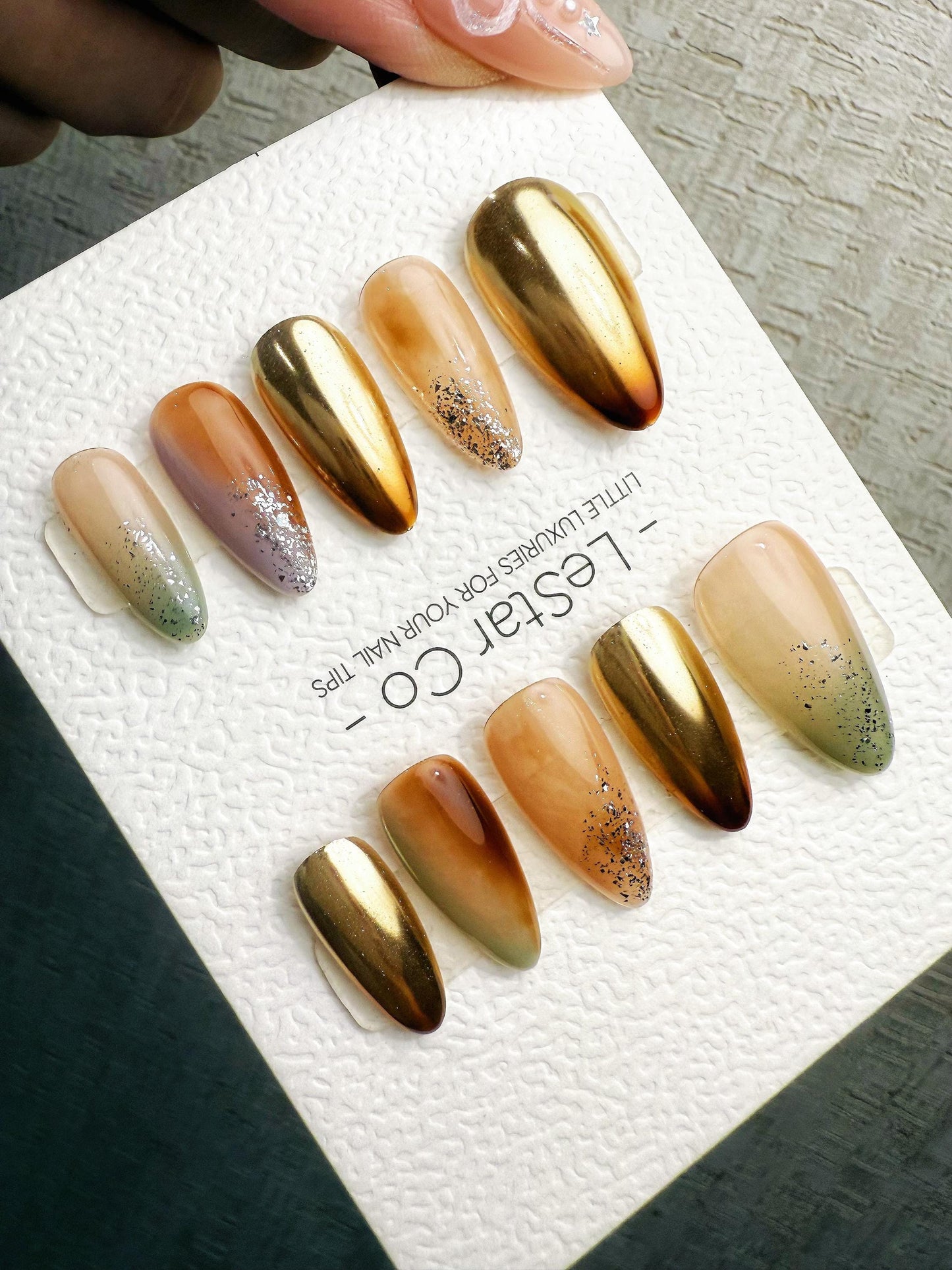 Reusable Sunlit Amber Chrome | Handmade Press On Gel Acrylic Nails | 4for3 Timed Offer