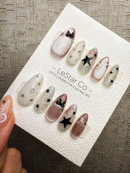 Reusable Pink Moon Glitter Cat Eye | Handmade Press On Gel Acrylic Nails | 4for3 Timed Offer