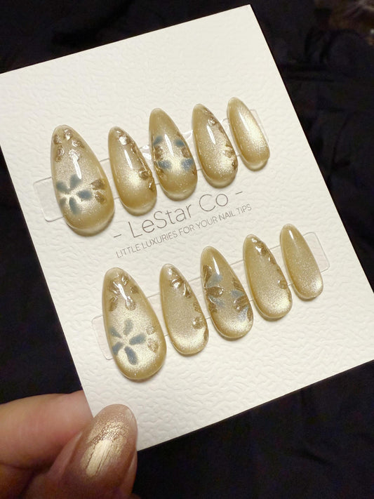 Reusable Golden Dusk Petals Cat Eye | Handmade Press On Gel Acrylic Nails | 4for3 Timed Offer
