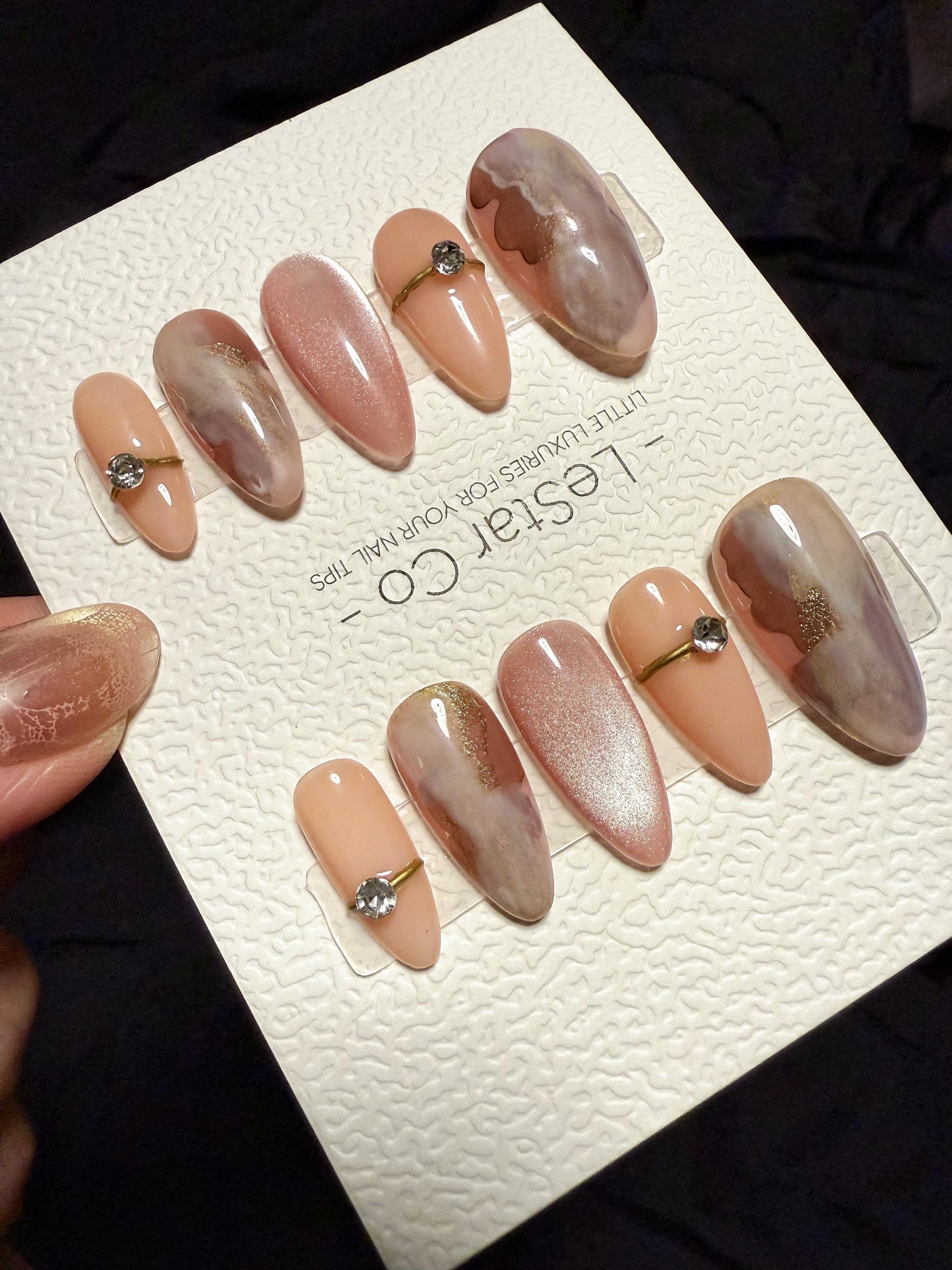 Reusable Blush Quartz Veins Cat Eye | Handmade Press On Gel Acrylic Nails | 4for3 Timed Offer