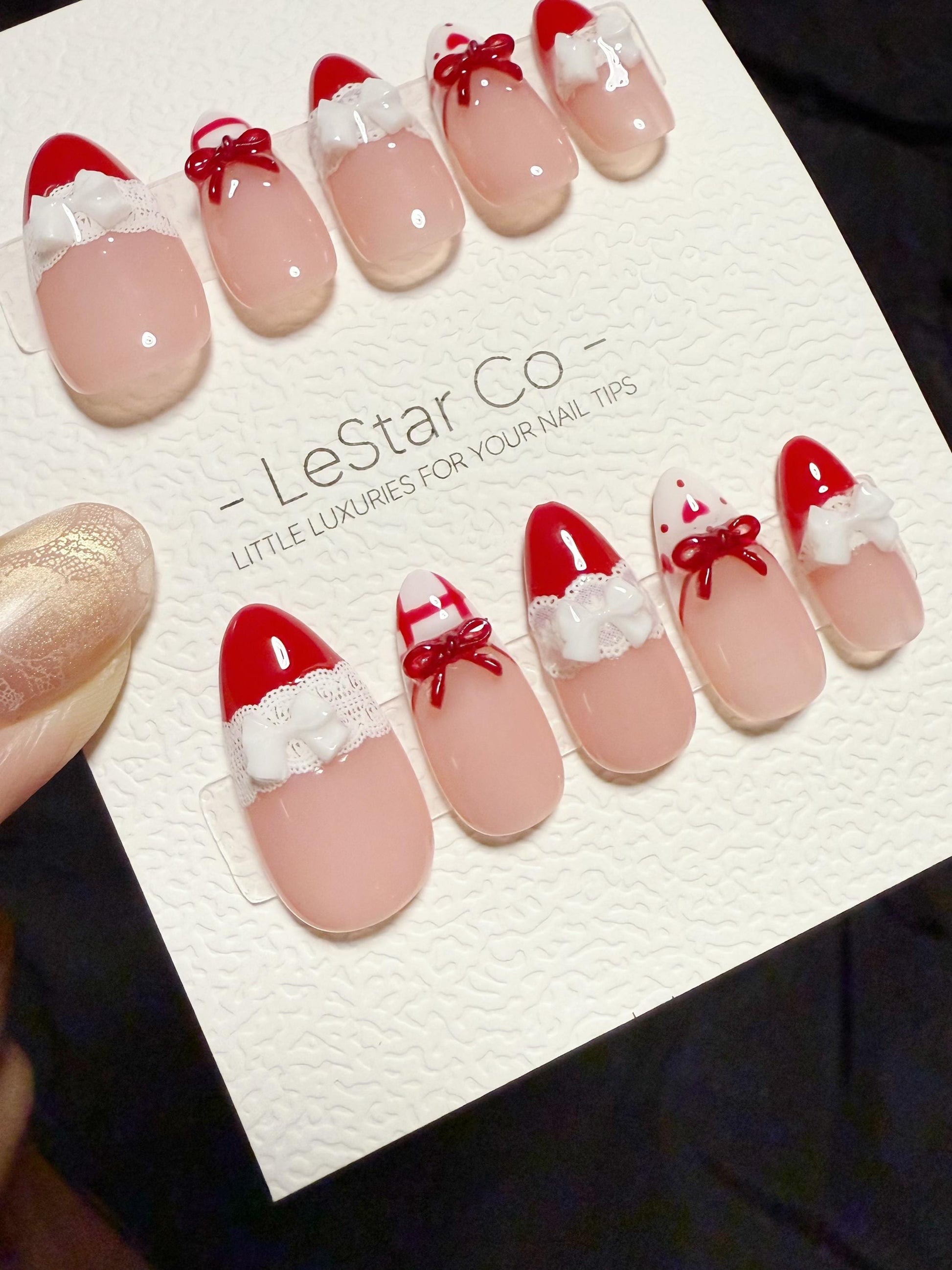 Reusable Cherry Lace Love | Handmade Press On Gel Acrylic Nails | 4for3 Timed Offer