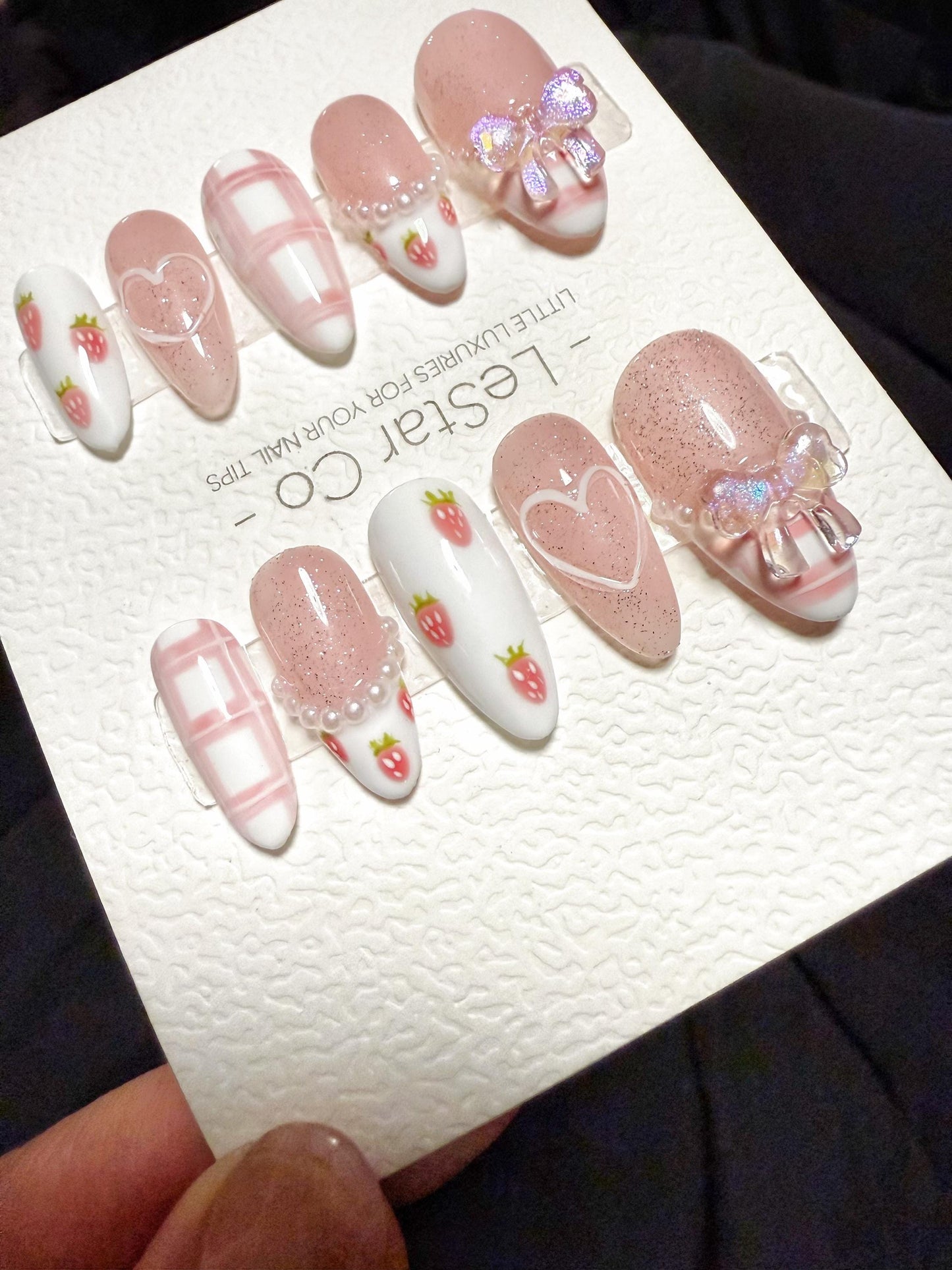 Reusable Strawberry Picnic | Handmade Press On Gel Acrylic Nails | 4for3 Timed Offer