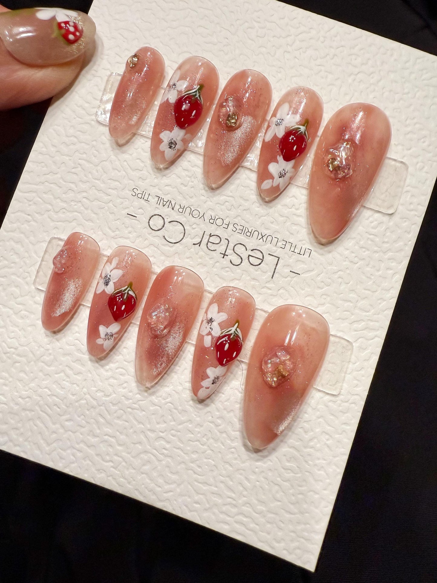 Reusable Strawberry and Flower | Handmade Press On Gel Acrylic Nails | 4for3 Timed Offer