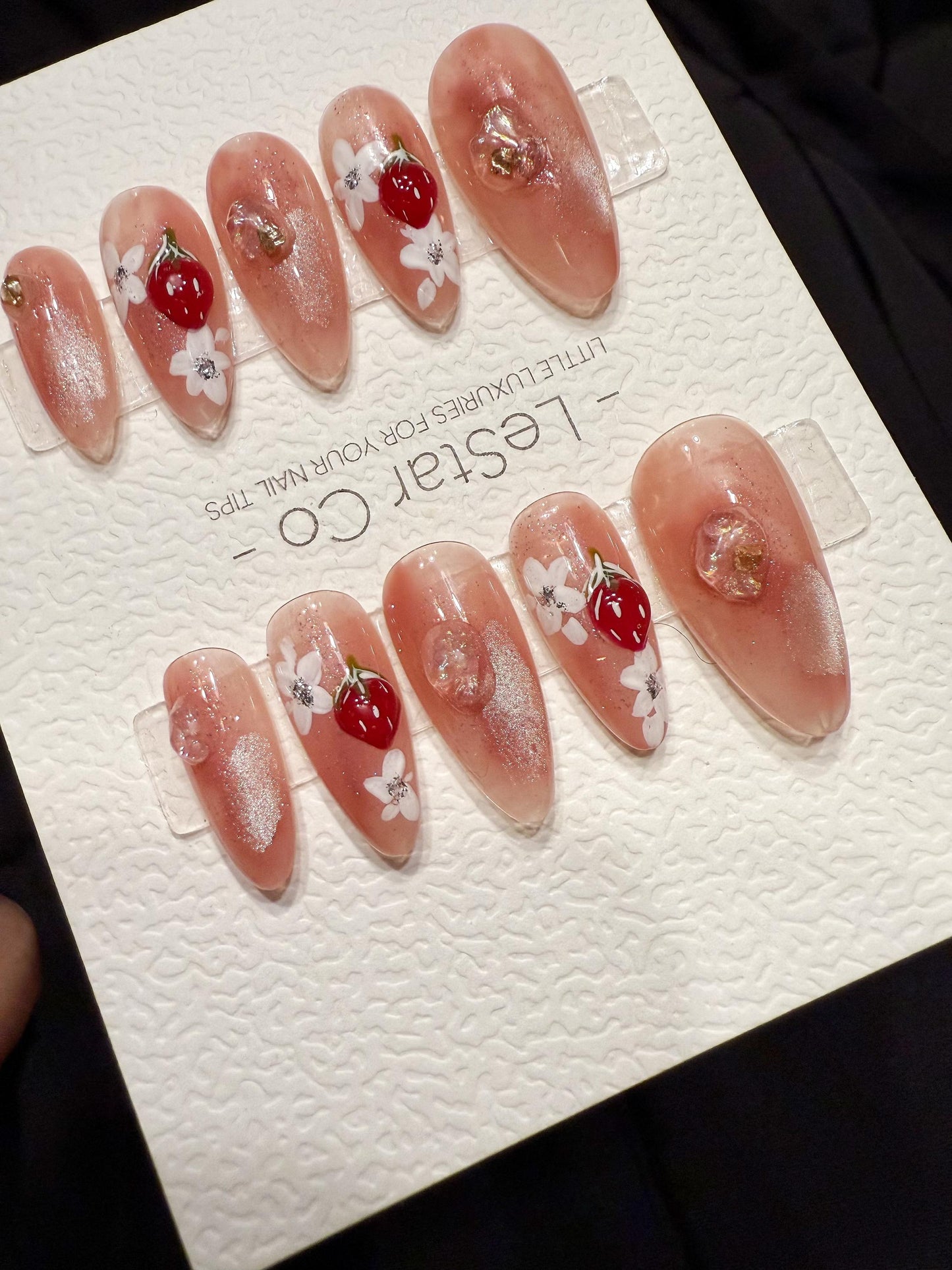 Reusable Strawberry and Flower | Handmade Press On Gel Acrylic Nails | 4for3 Timed Offer