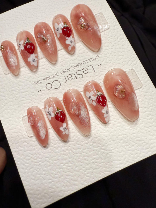 Reusable Strawberry and Flower | Handmade Press On Gel Acrylic Nails | 4for3 Timed Offer