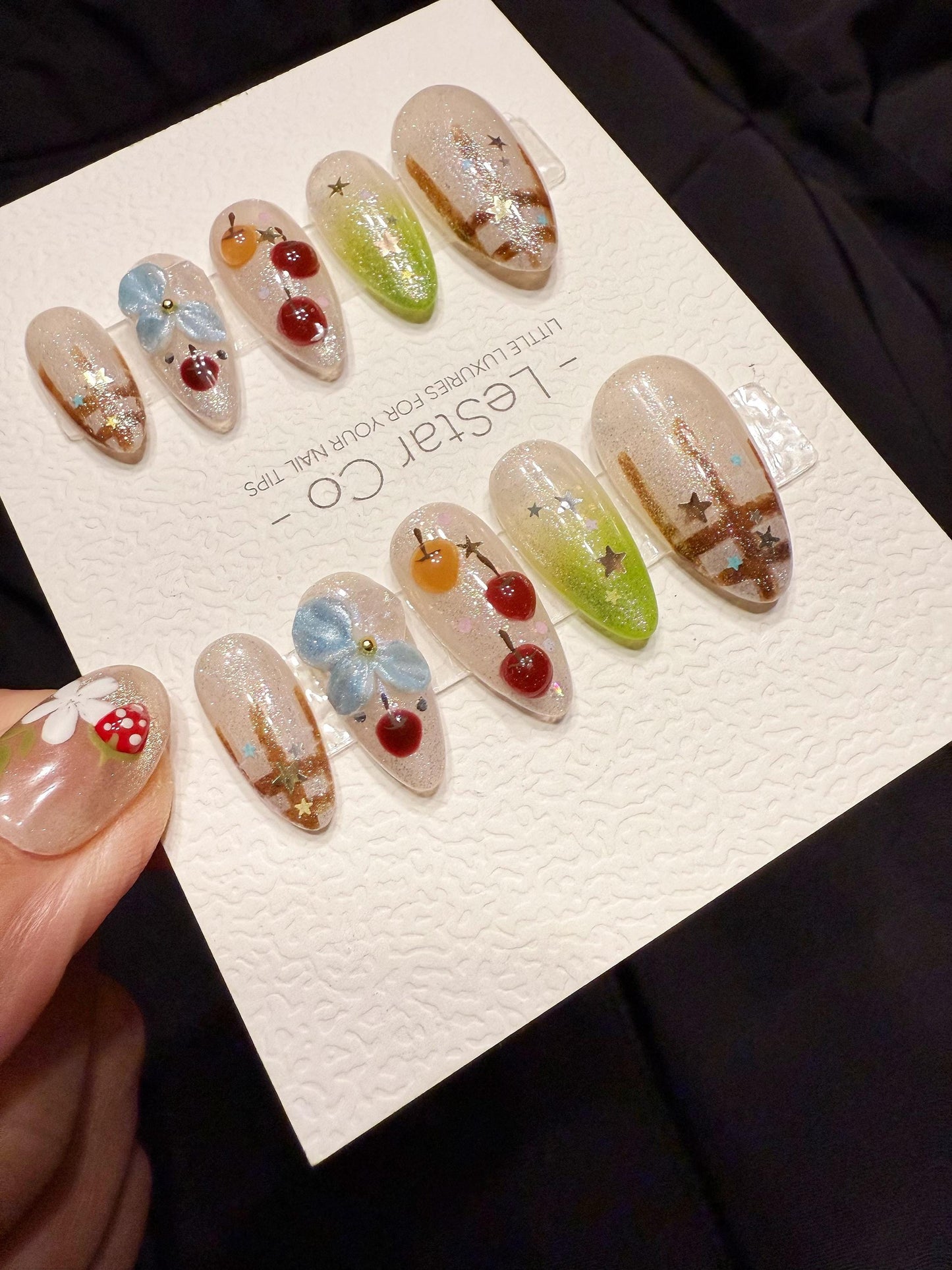 Reusable Cherry Picnic | Handmade Press On Gel Acrylic Nails | 4for3 Timed Offer