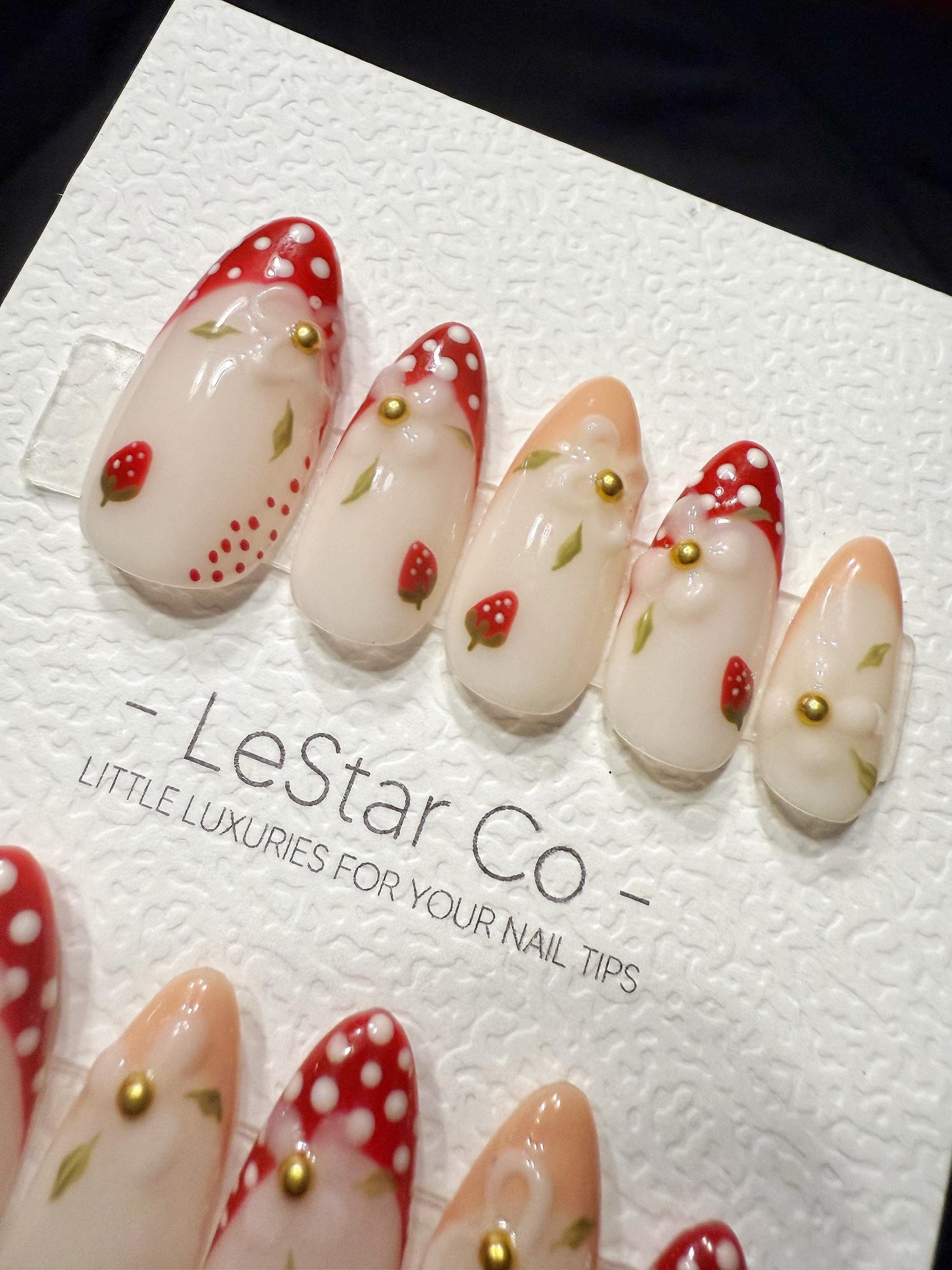 Reusable Creamy Strawberry Fields | Handmade Press On Gel Acrylic Nails | 4for3 Timed Offer
