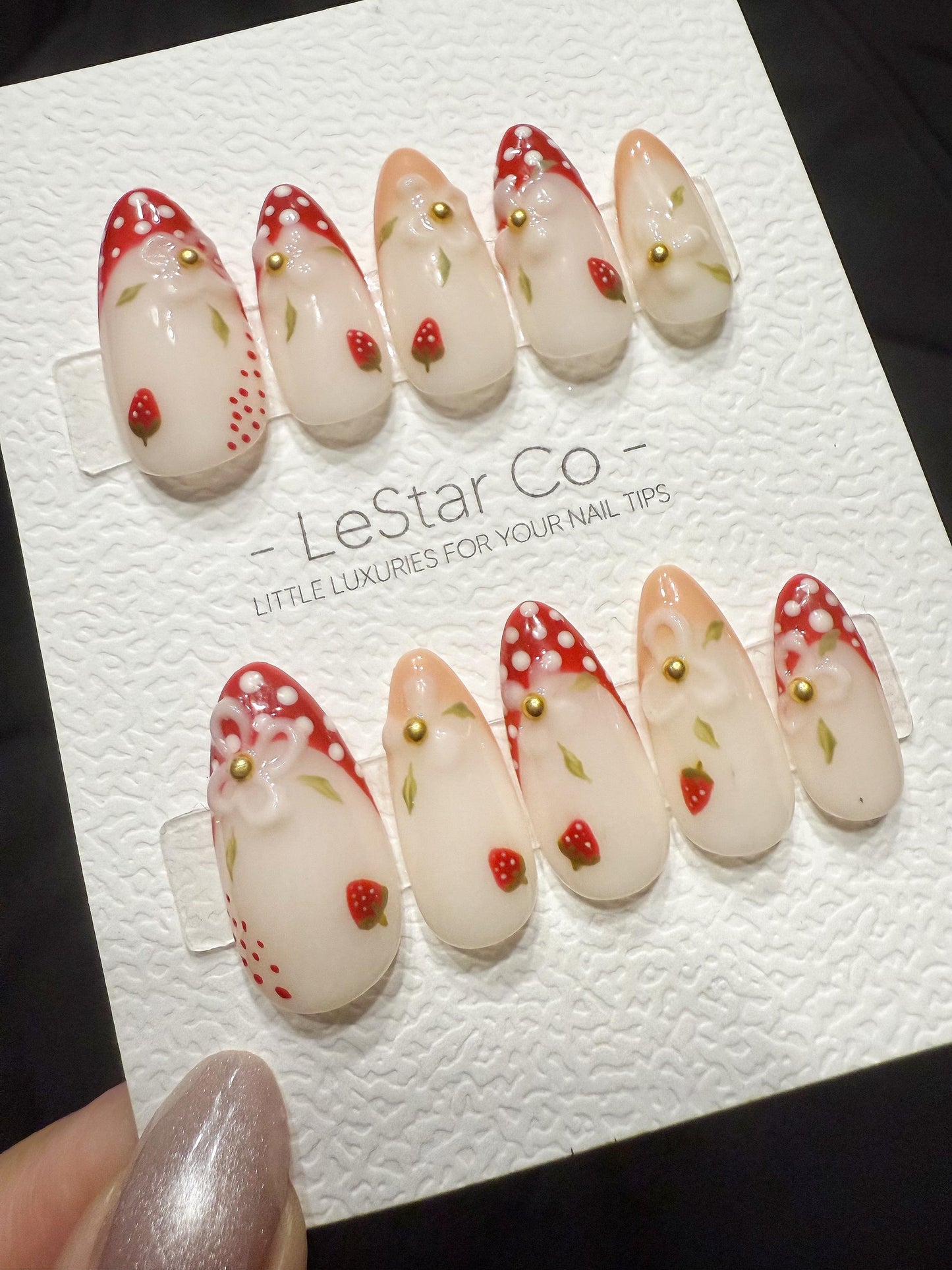 Reusable Creamy Strawberry Fields | Handmade Press On Gel Acrylic Nails | 4for3 Timed Offer