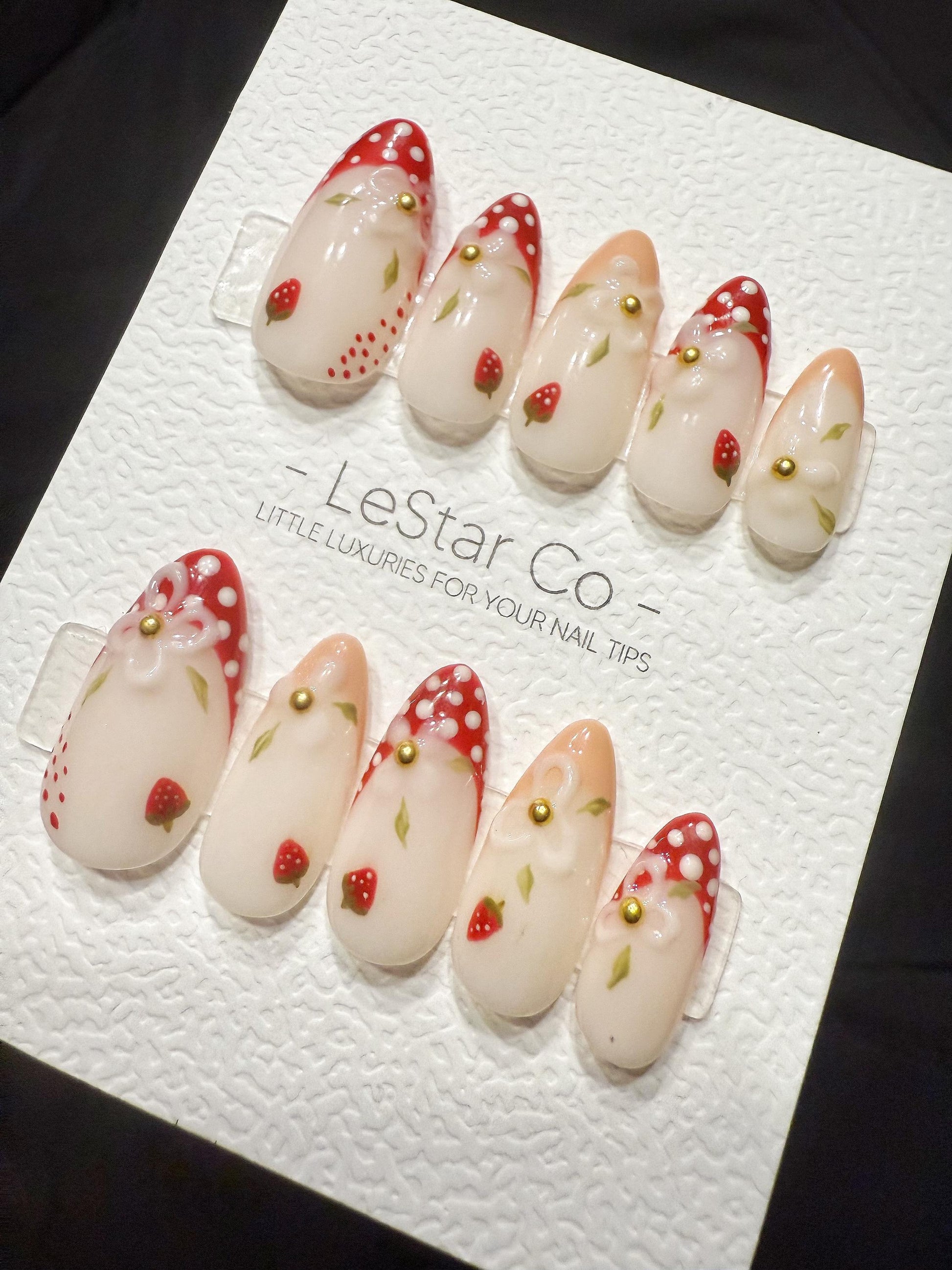 Reusable Creamy Strawberry Fields | Handmade Press On Gel Acrylic Nails | 4for3 Timed Offer