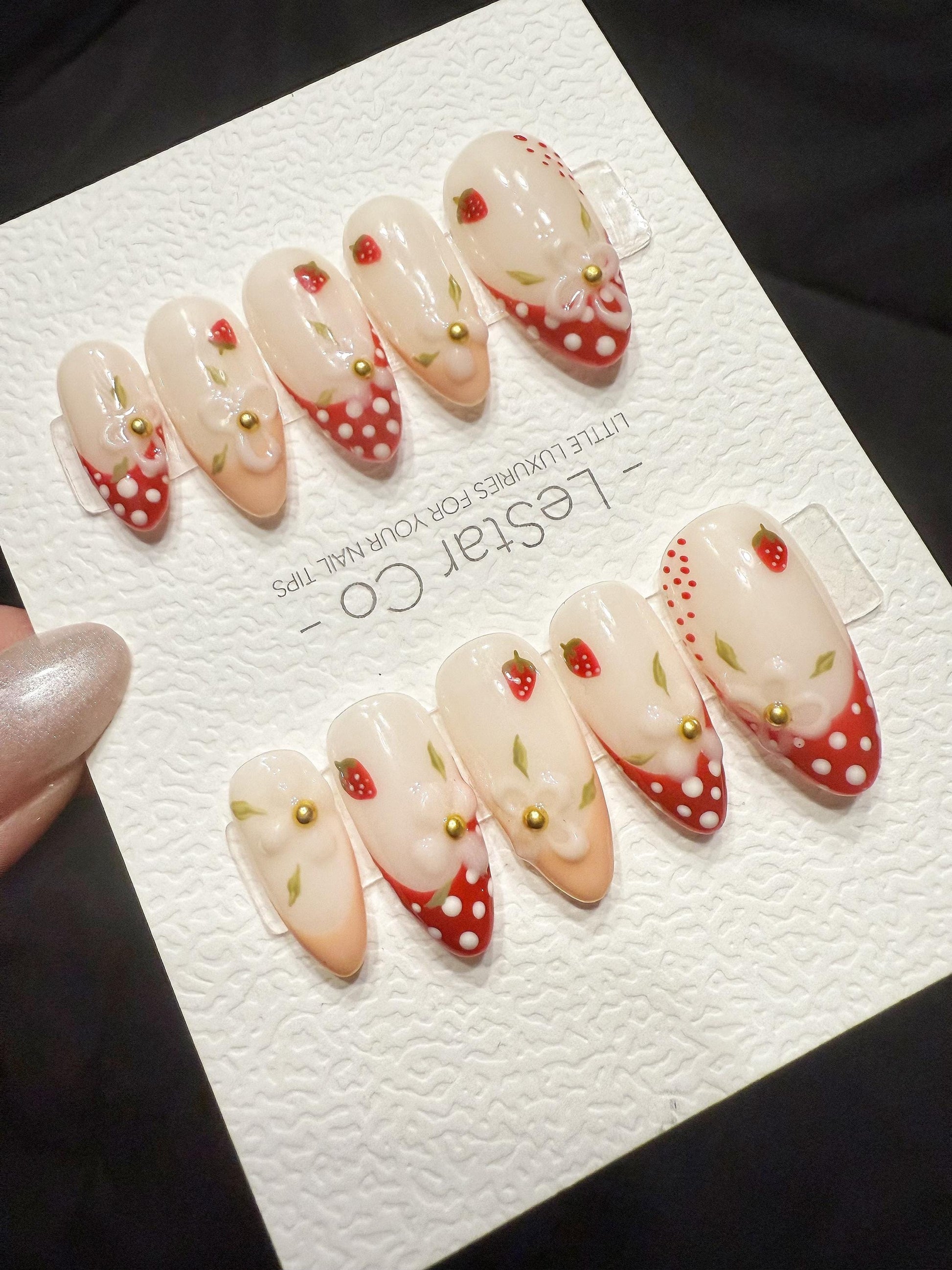 Reusable Creamy Strawberry Fields | Handmade Press On Gel Acrylic Nails | 4for3 Timed Offer