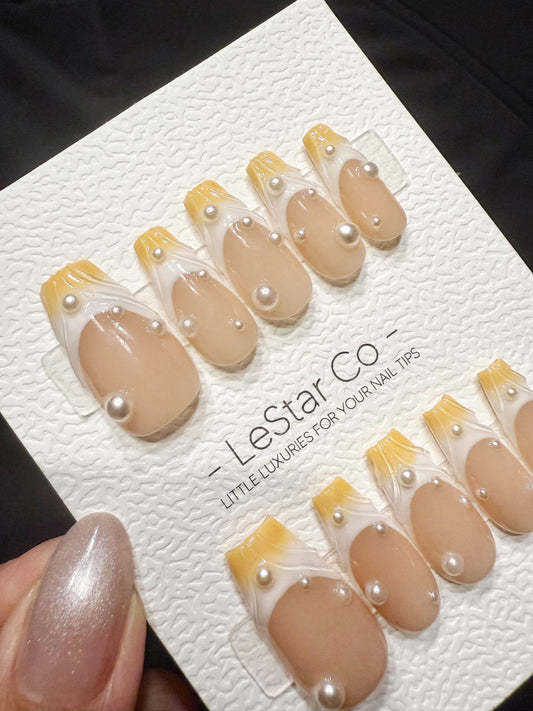 Reusable Apricot Pearl Drip | Handmade Press On Gel Acrylic Nails | 4for3 Timed Offer