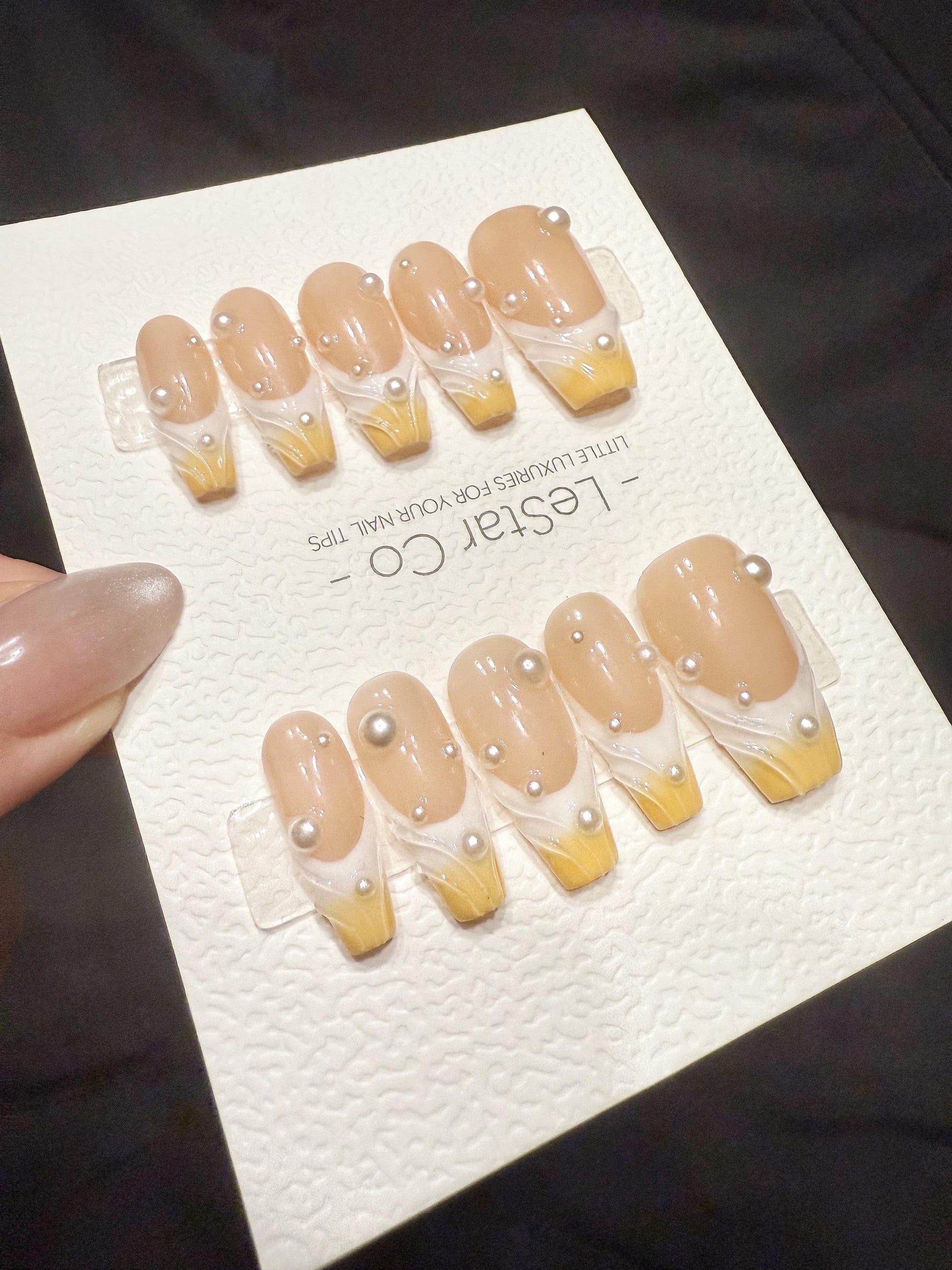 Reusable Apricot Pearl Drip | Handmade Press On Gel Acrylic Nails | 4for3 Timed Offer