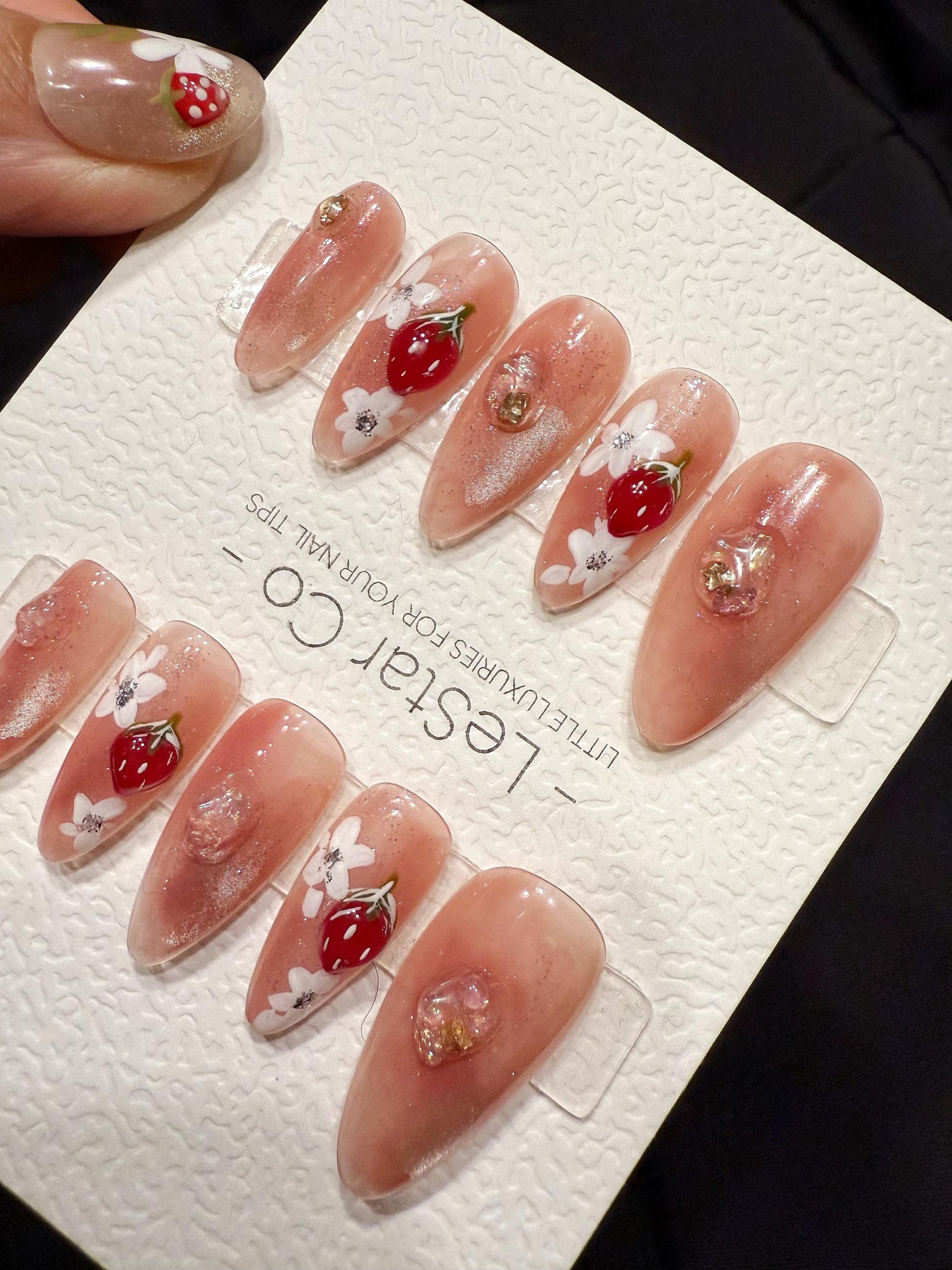 Reusable Strawberry and Flower | Handmade Press On Gel Acrylic Nails | 4for3 Timed Offer