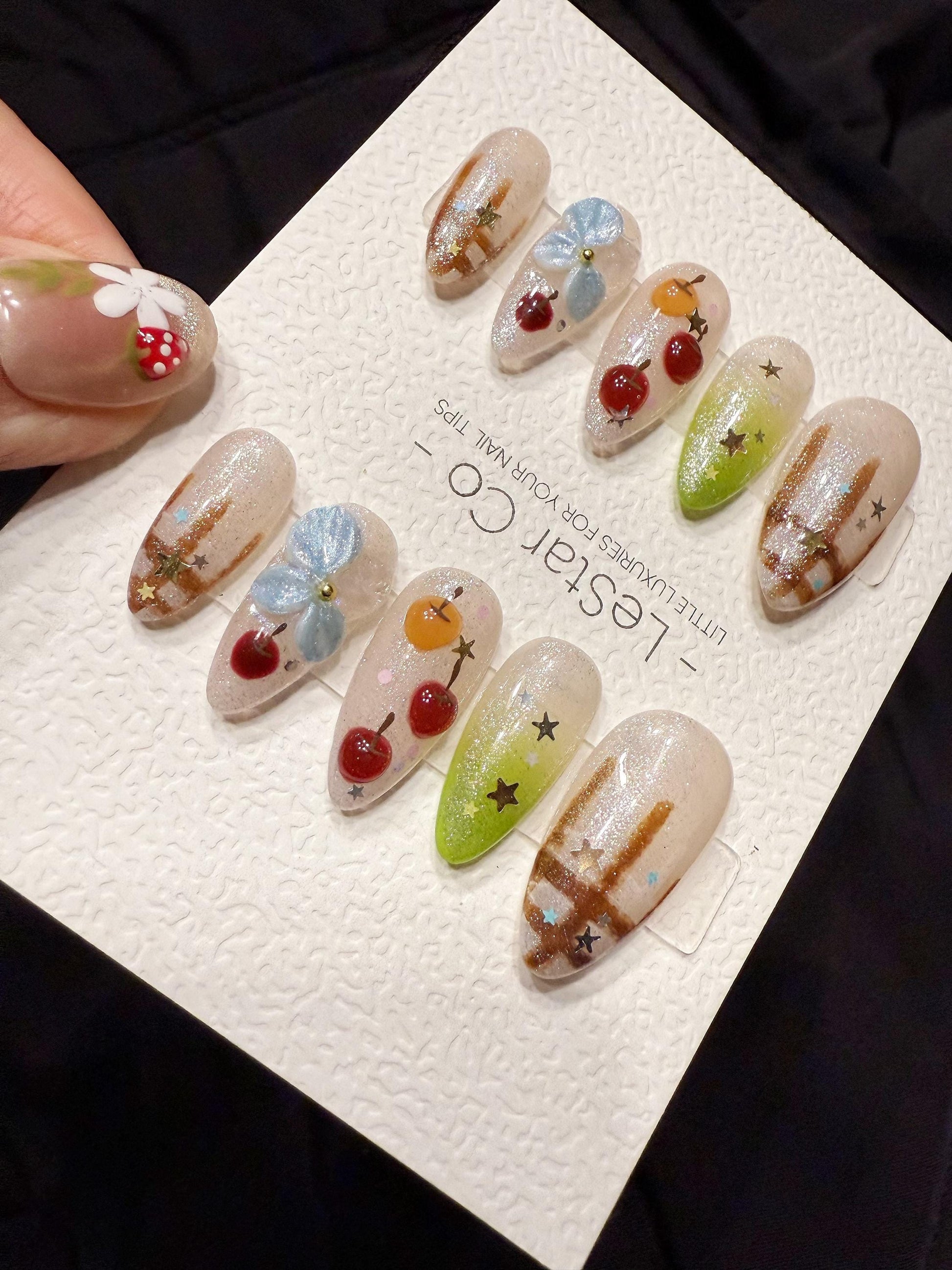 Reusable Cherry Picnic | Handmade Press On Gel Acrylic Nails | 4for3 Timed Offer