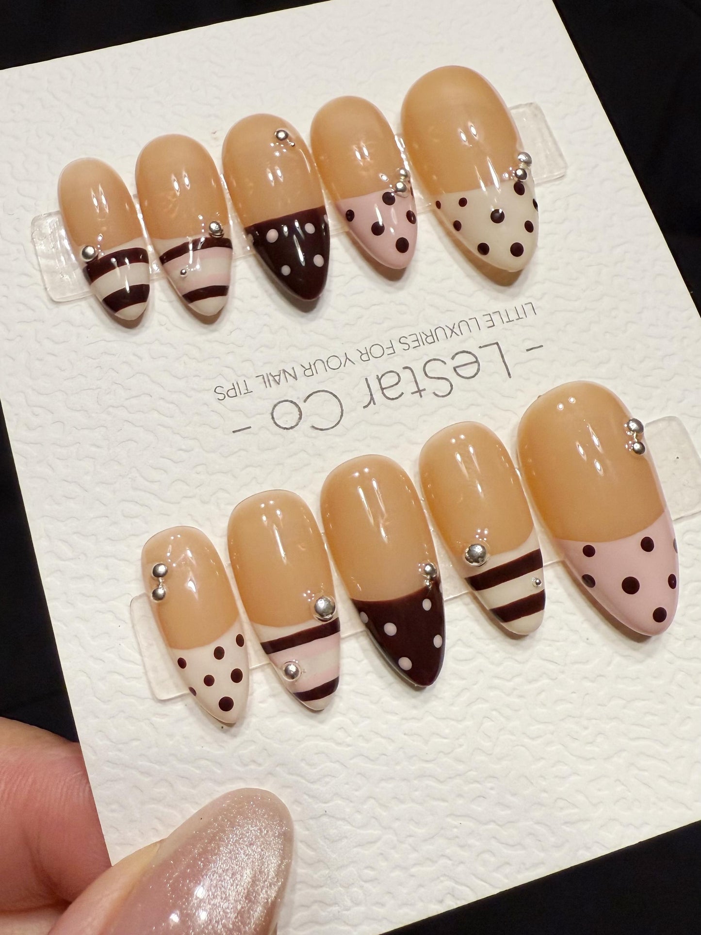 Reusable Mocha Polka French | Handmade Press On Gel Acrylic Nails | 4for3 Timed Offer