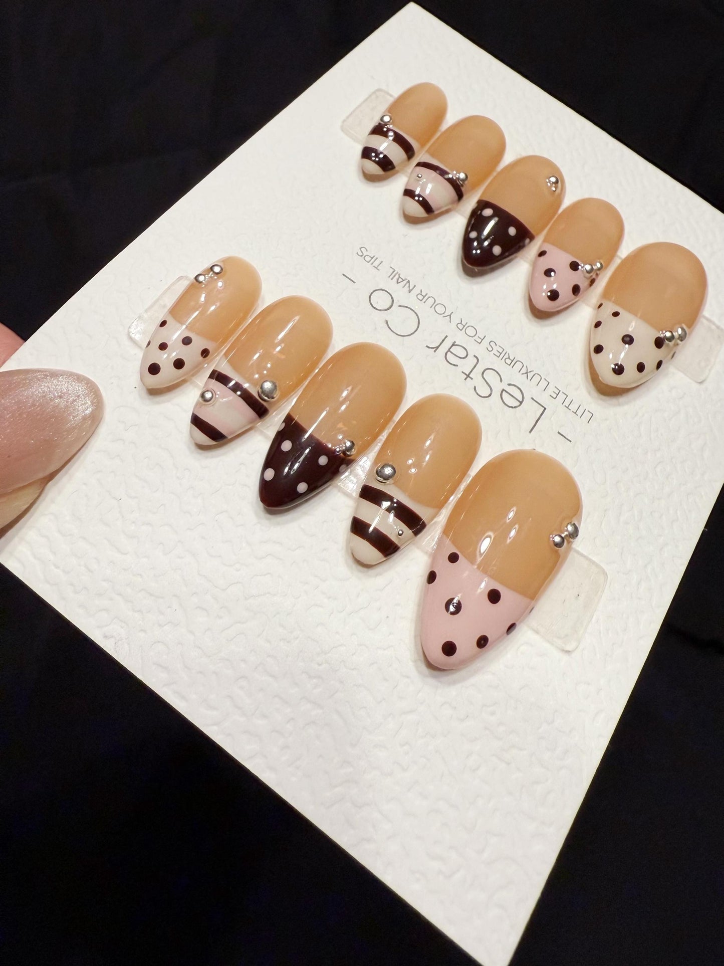 Reusable Mocha Polka French | Handmade Press On Gel Acrylic Nails | 4for3 Timed Offer