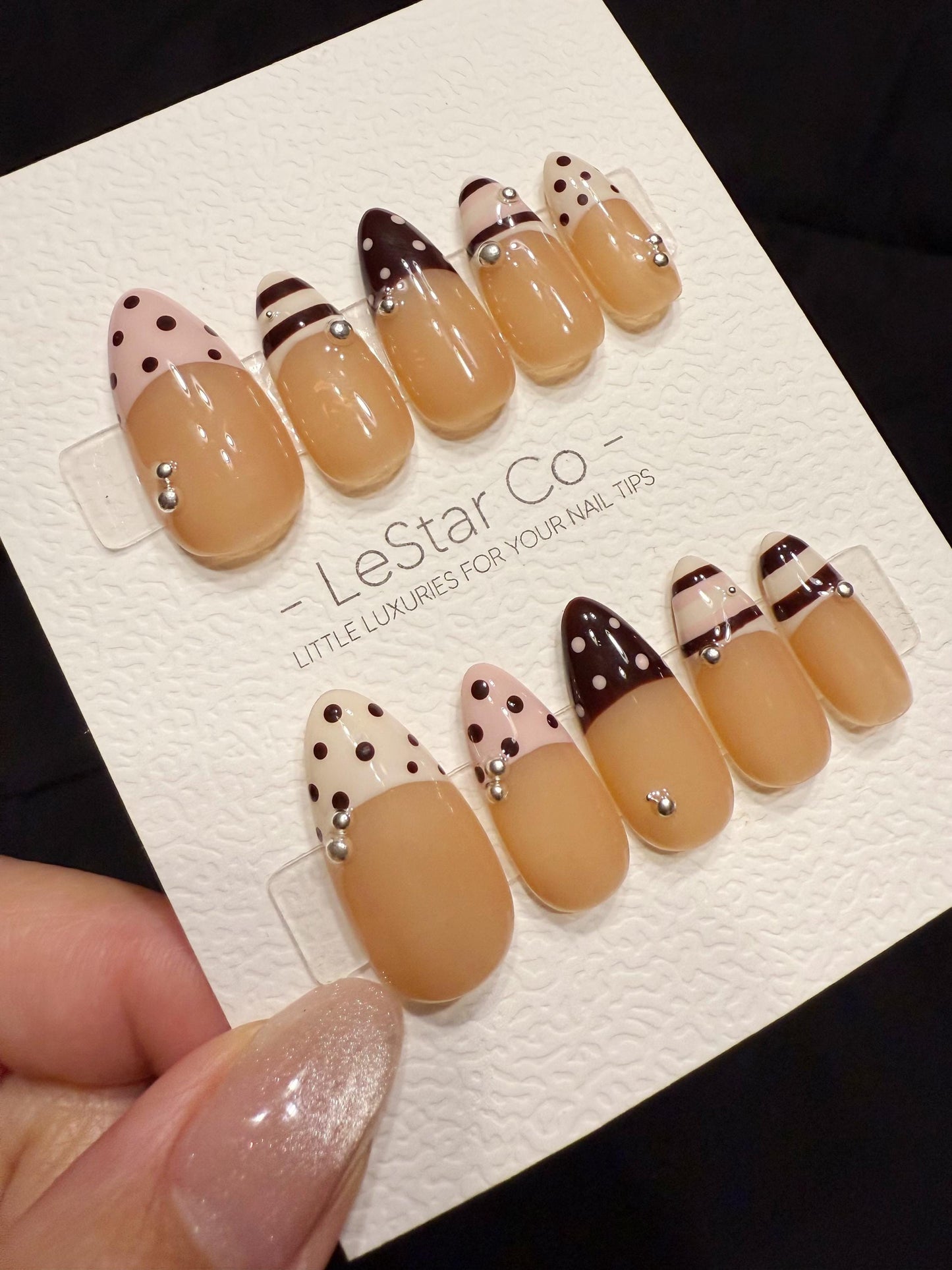 Reusable Mocha Polka French | Handmade Press On Gel Acrylic Nails | 4for3 Timed Offer
