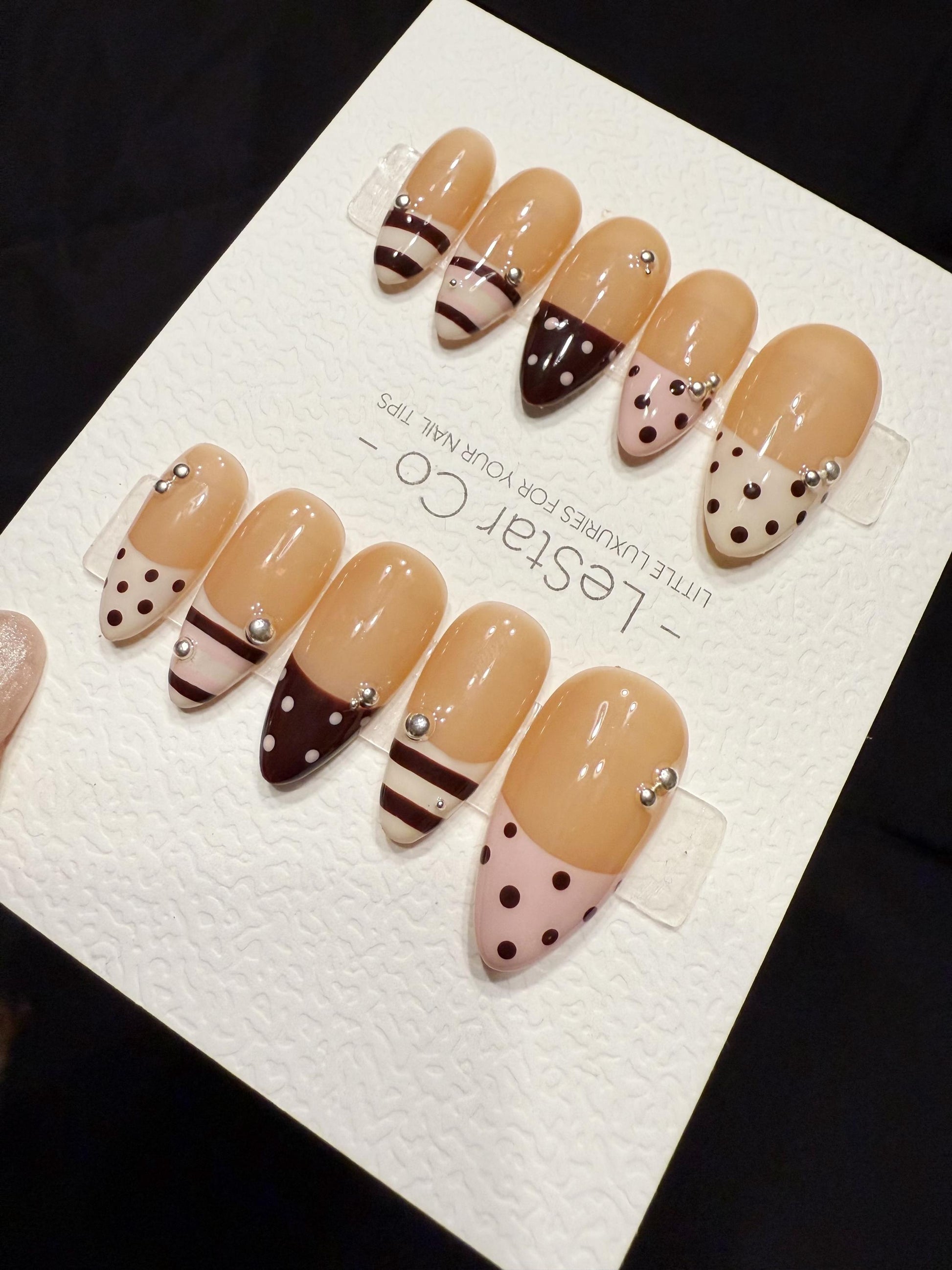 Reusable Mocha Polka French | Handmade Press On Gel Acrylic Nails | 4for3 Timed Offer