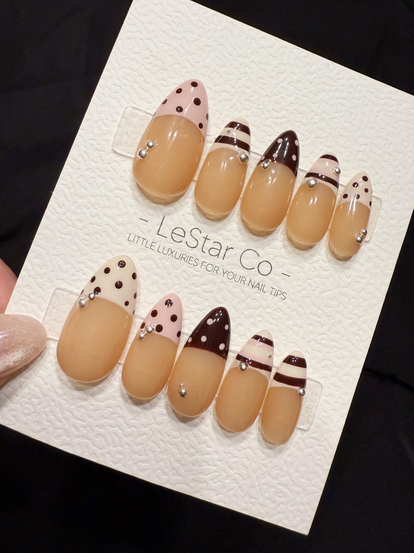 Reusable Mocha Polka French | Handmade Press On Gel Acrylic Nails | 4for3 Timed Offer