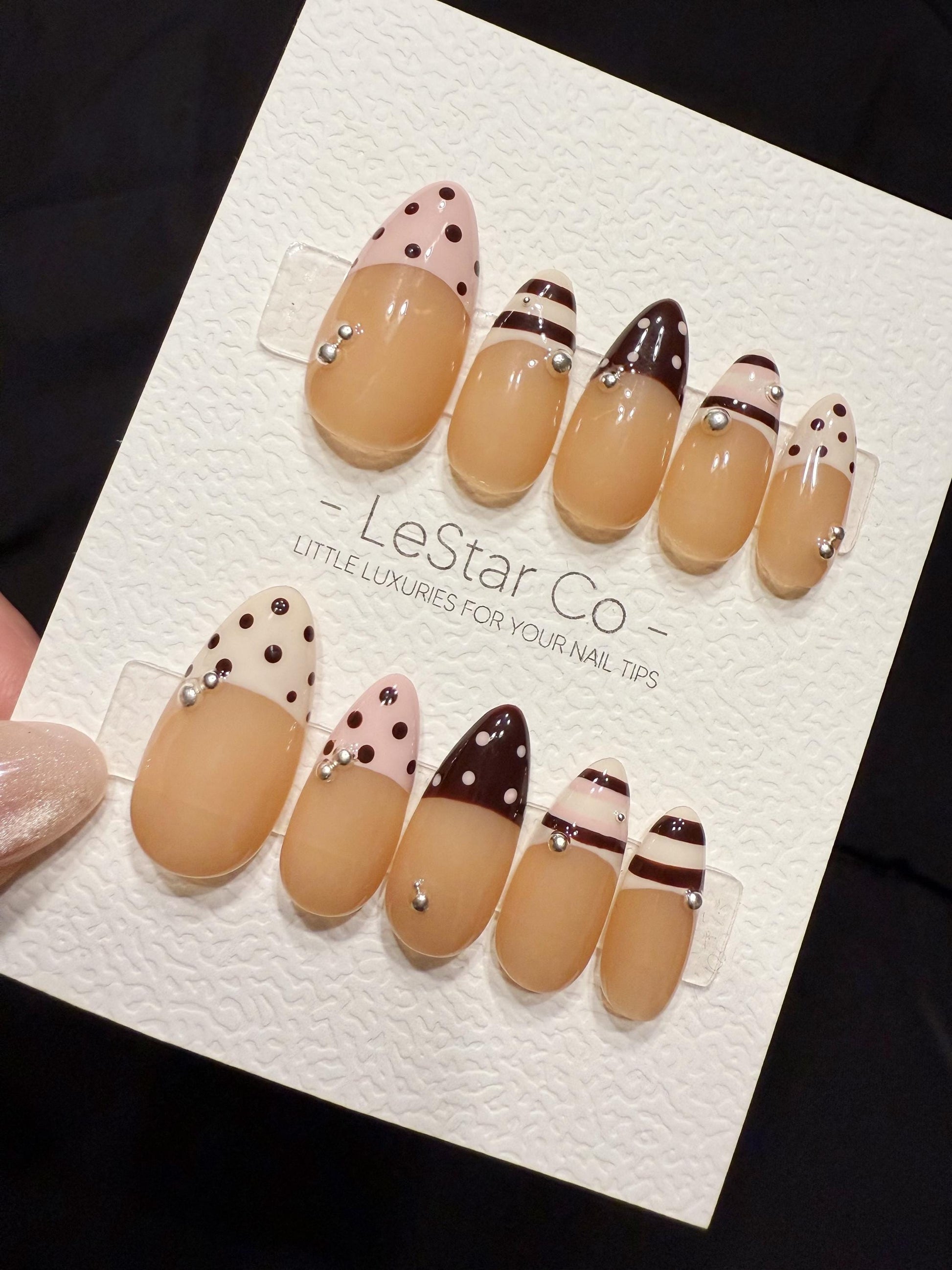 Reusable Mocha Polka French | Handmade Press On Gel Acrylic Nails | 4for3 Timed Offer