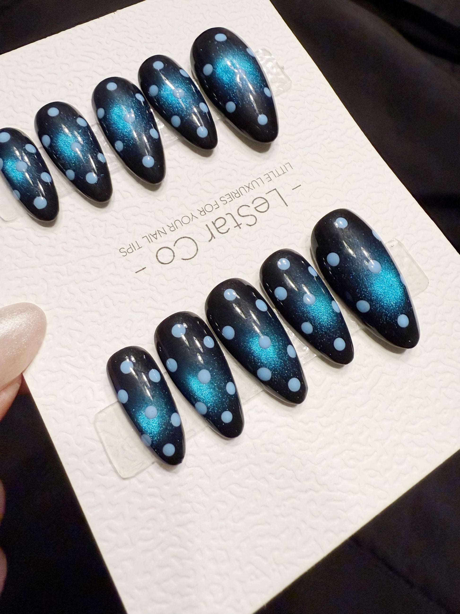 Reusable Blue Dot Blue Cat Eye | Handmade Press On Gel Acrylic Nails | 4for3 Timed Offer