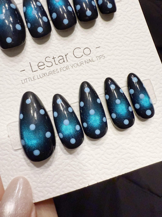 Reusable Blue Dot Blue Cat Eye | Handmade Press On Gel Acrylic Nails | 4for3 Timed Offer