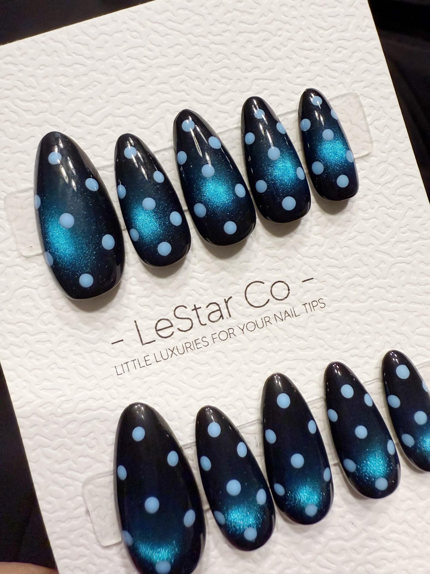 Reusable Blue Dot Blue Cat Eye | Handmade Press On Gel Acrylic Nails | 4for3 Timed Offer