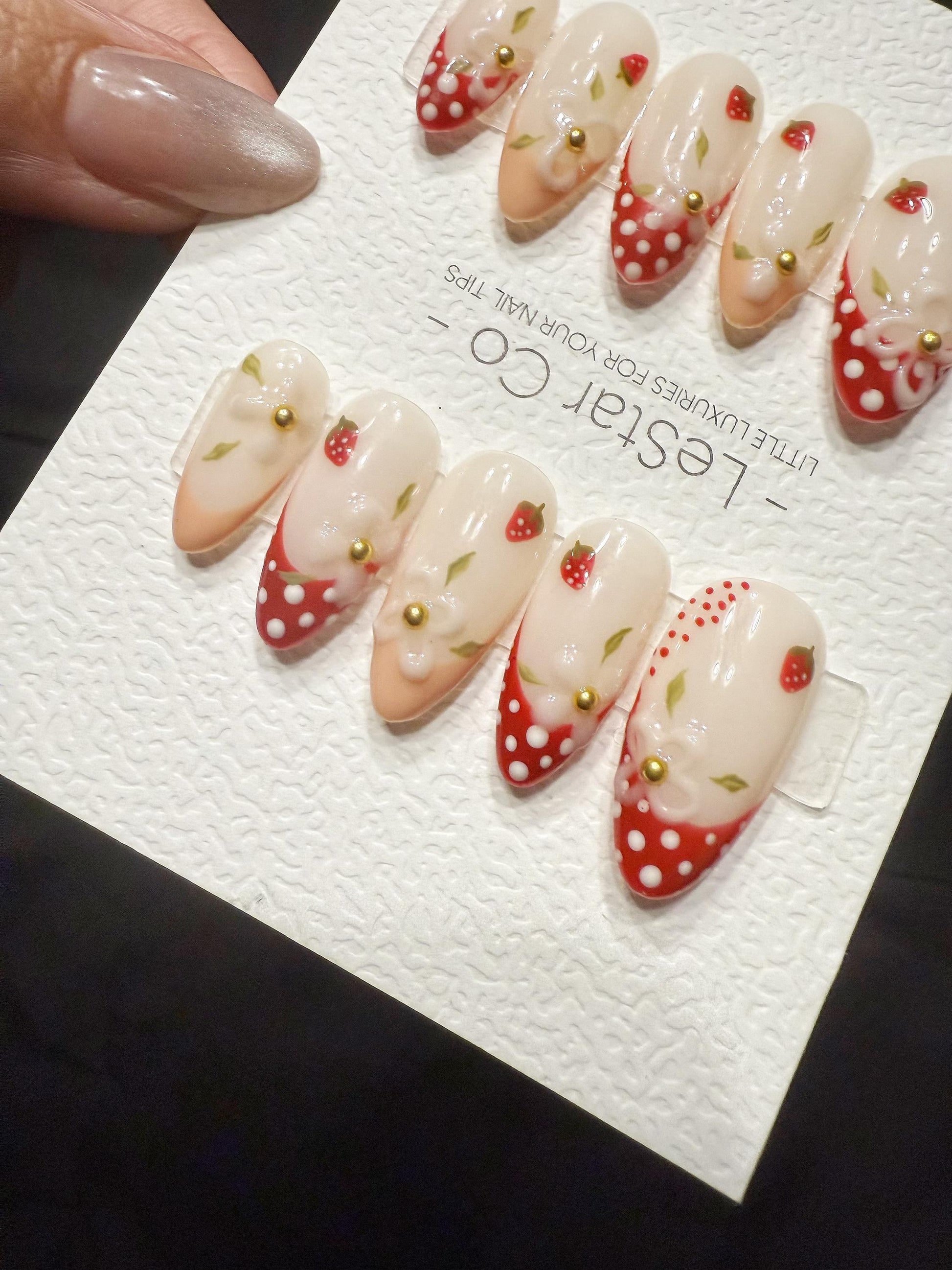 Reusable Creamy Strawberry Fields | Handmade Press On Gel Acrylic Nails | 4for3 Timed Offer