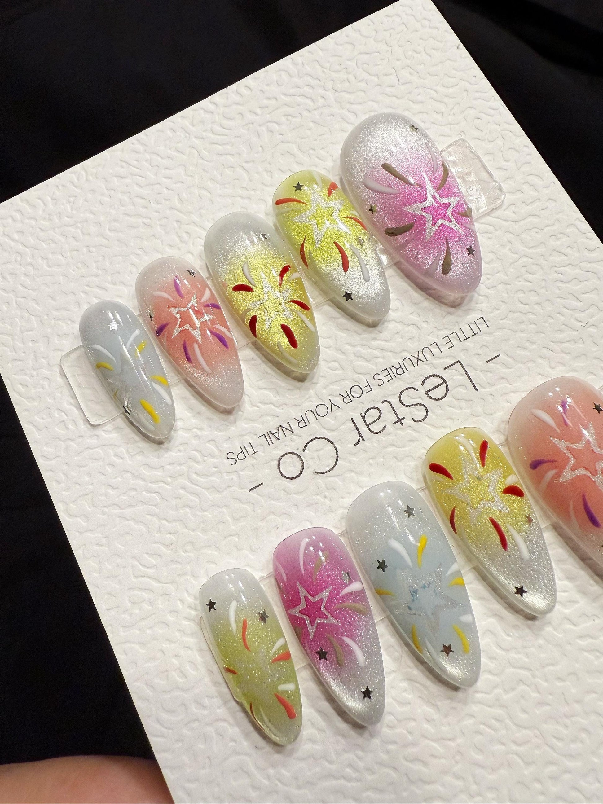 Handmade Firework Press On Nails | Reusable Gel Acrylic Set