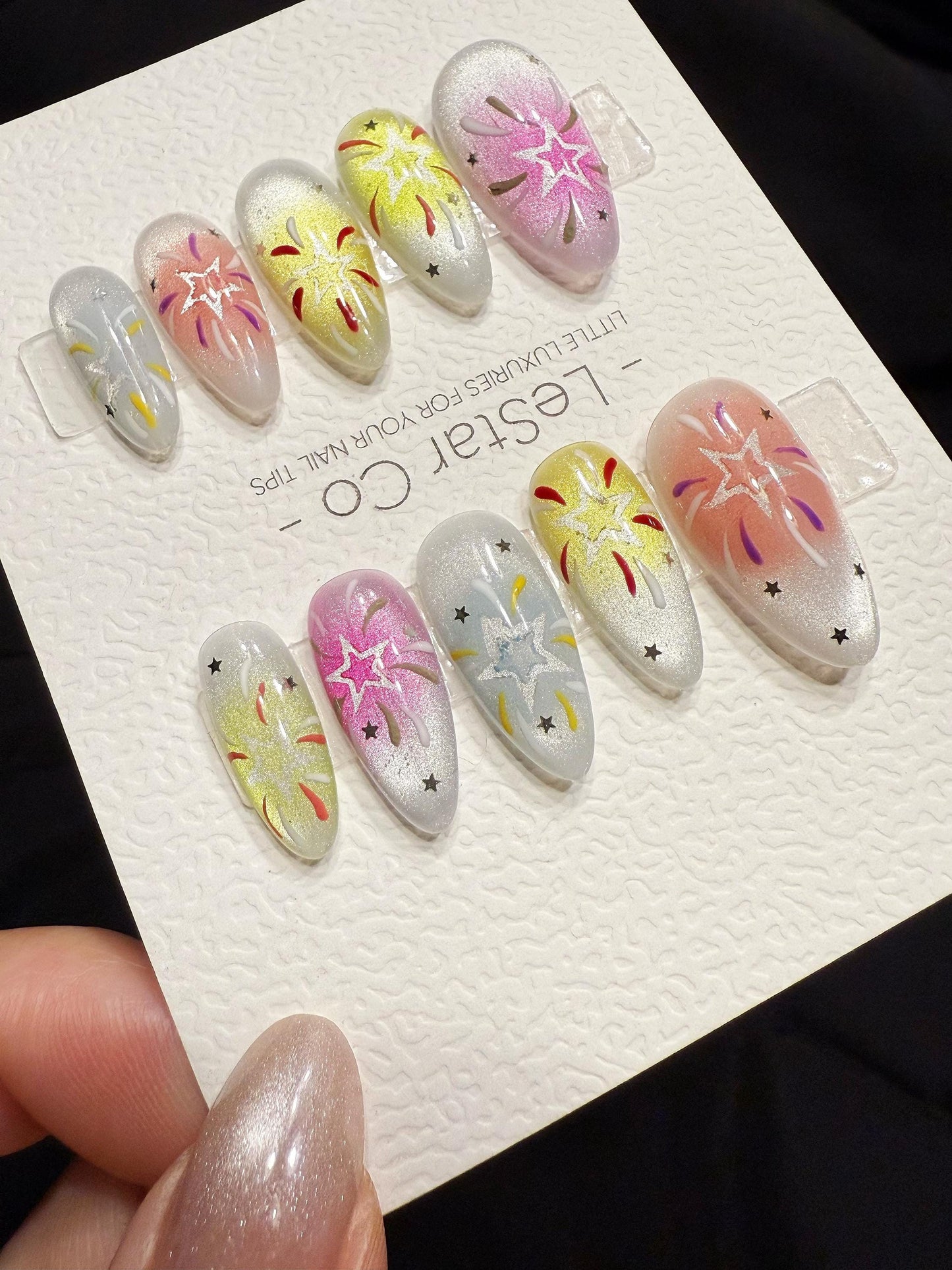 Handmade Firework Press On Nails | Reusable Gel Acrylic Set