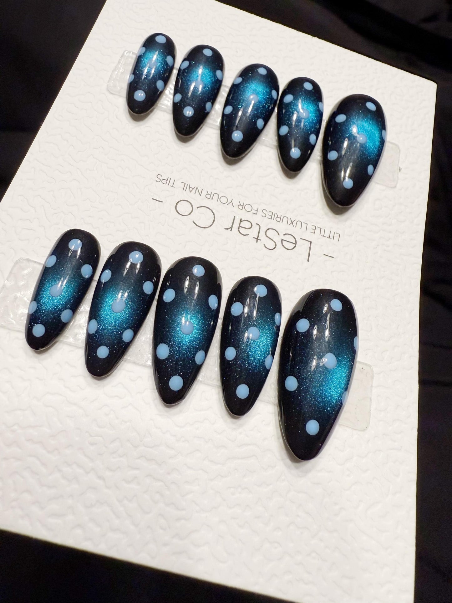 Reusable Blue Dot Blue Cat Eye | Handmade Press On Gel Acrylic Nails | 4for3 Timed Offer