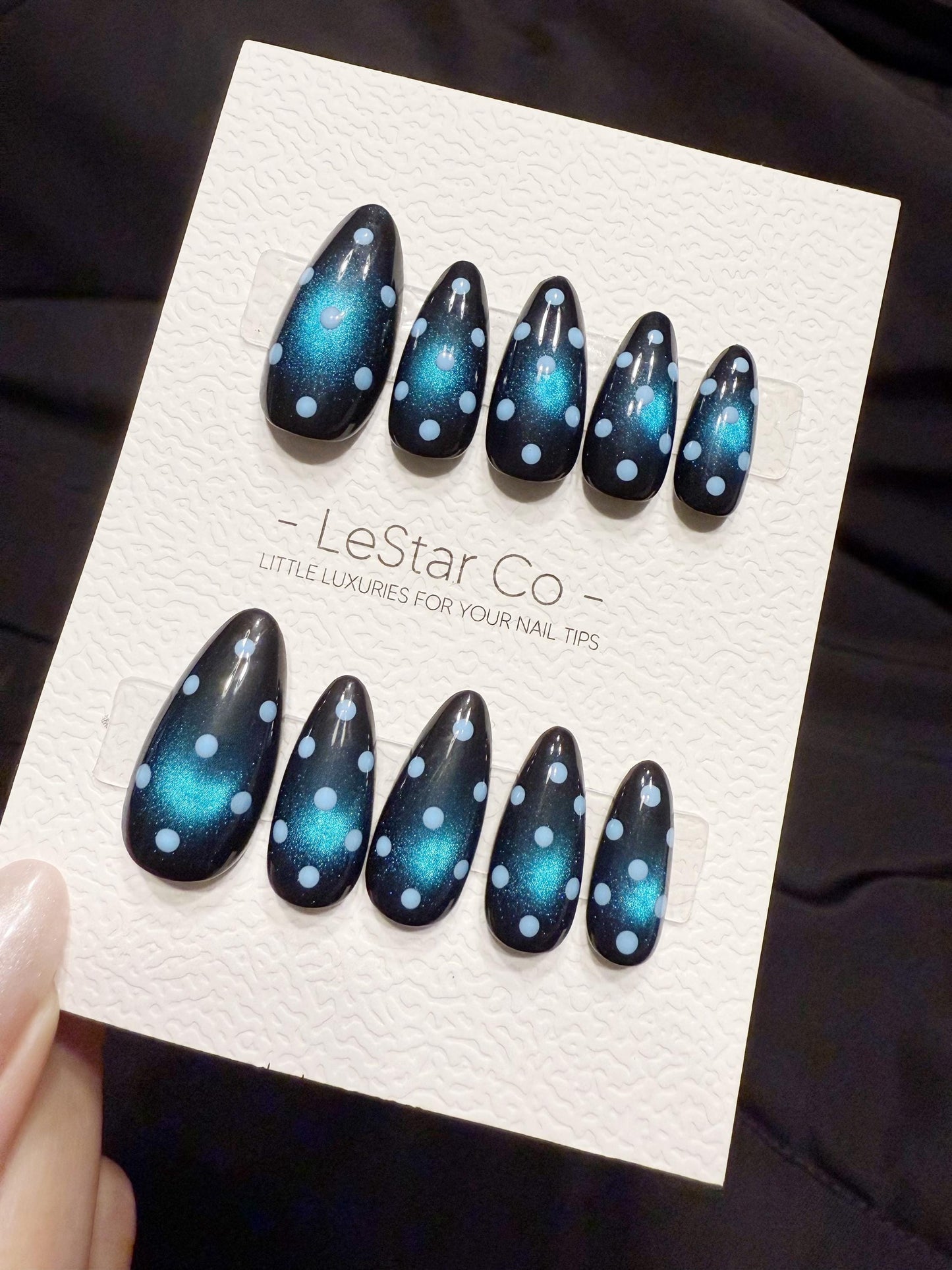 Reusable Blue Dot Blue Cat Eye | Handmade Press On Gel Acrylic Nails | 4for3 Timed Offer