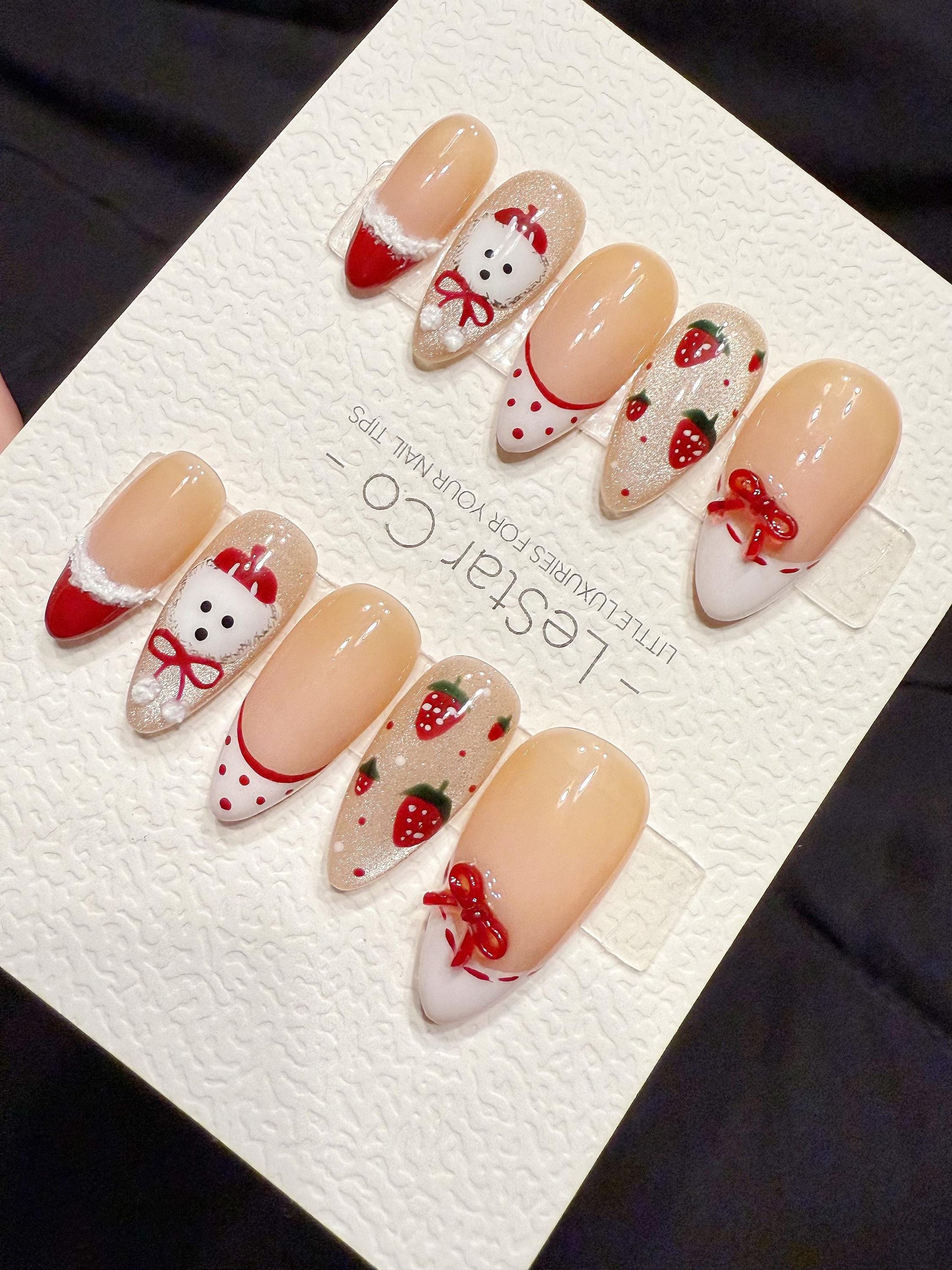 Reusable Strawberry Puppy | Handmade Press On Gel Acrylic Nails | 4for3 Timed Offer