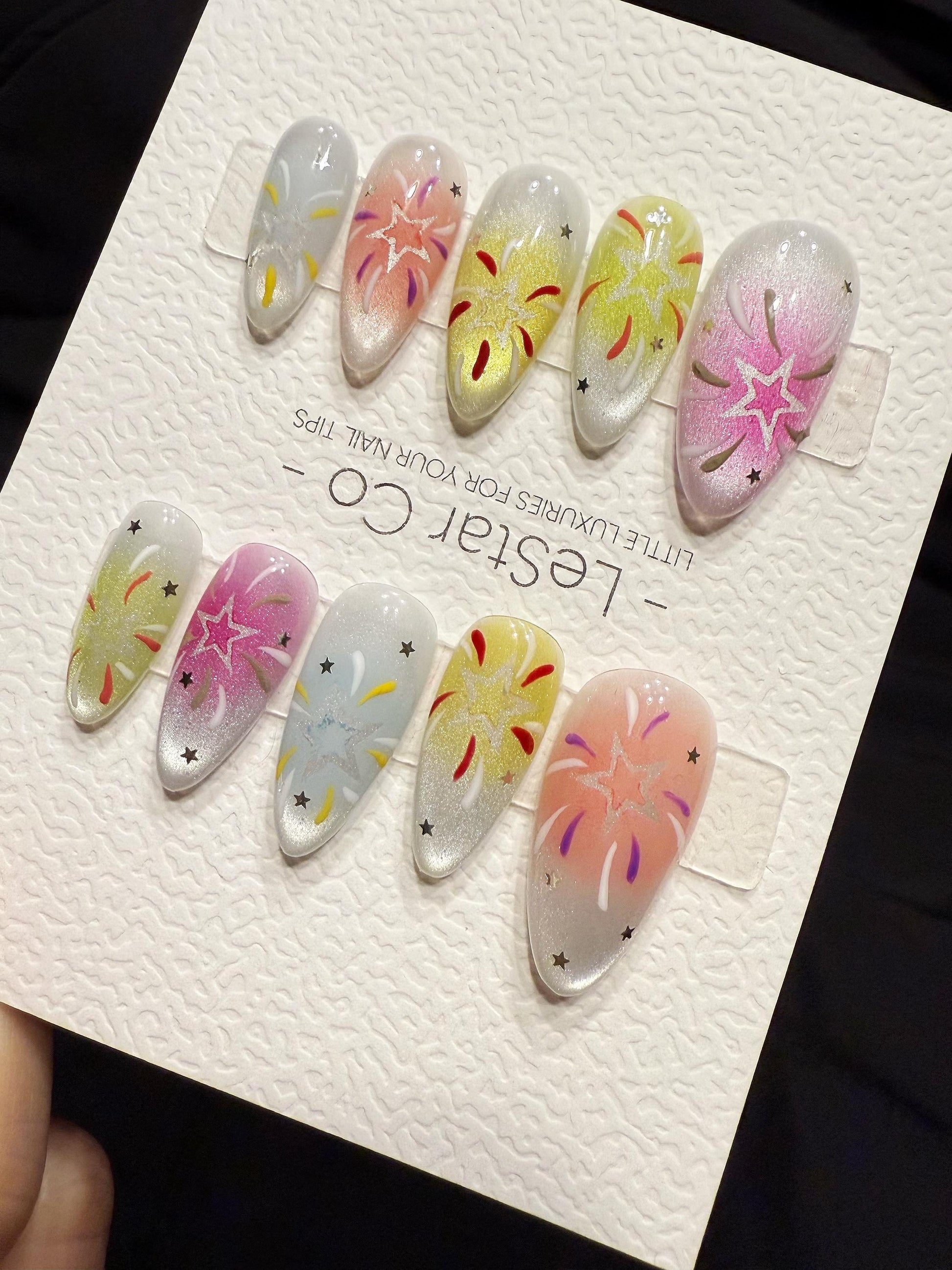 Handmade Firework Press On Nails | Reusable Gel Acrylic Set