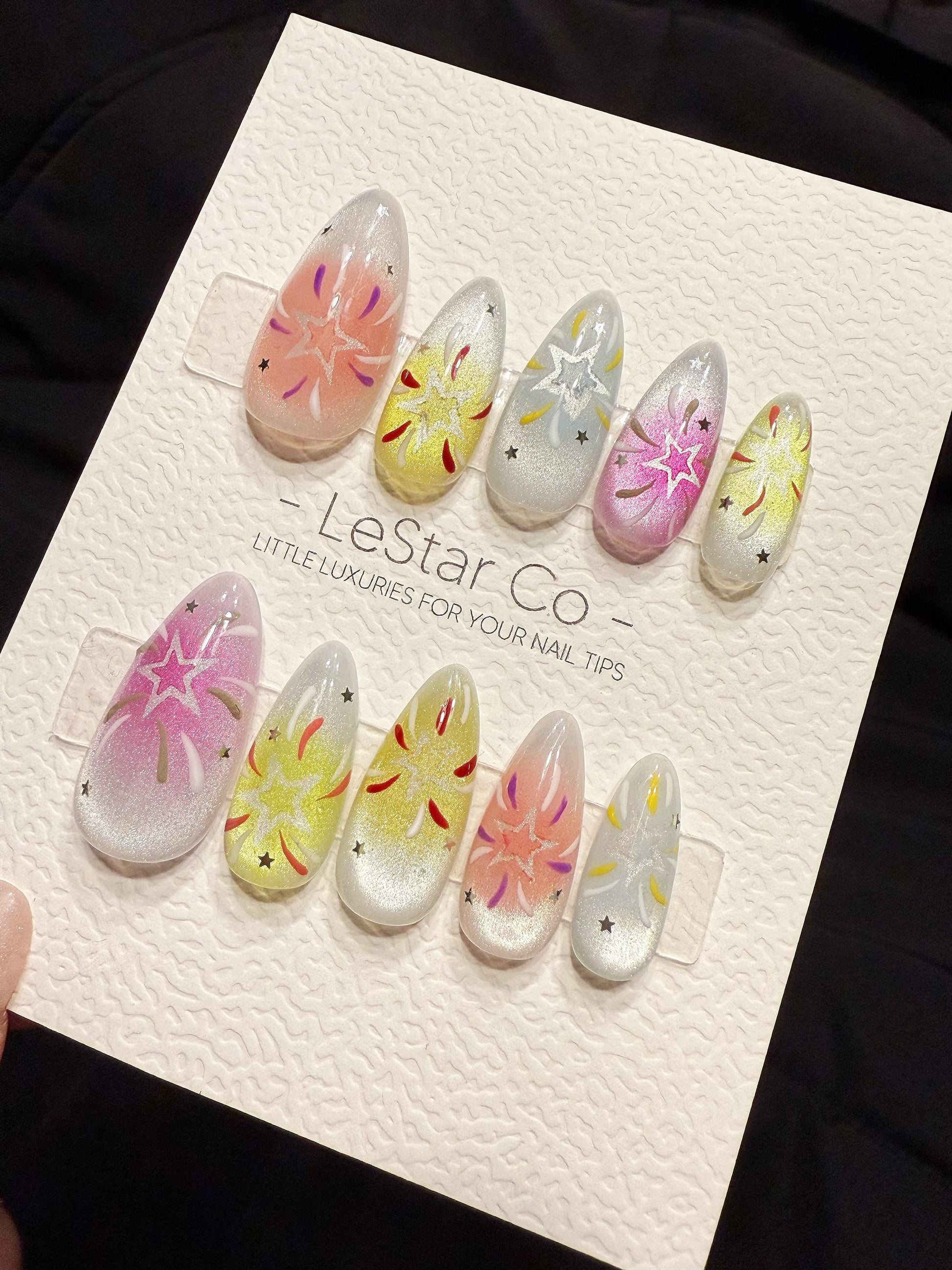 Handmade Firework Press On Nails | Reusable Gel Acrylic Set