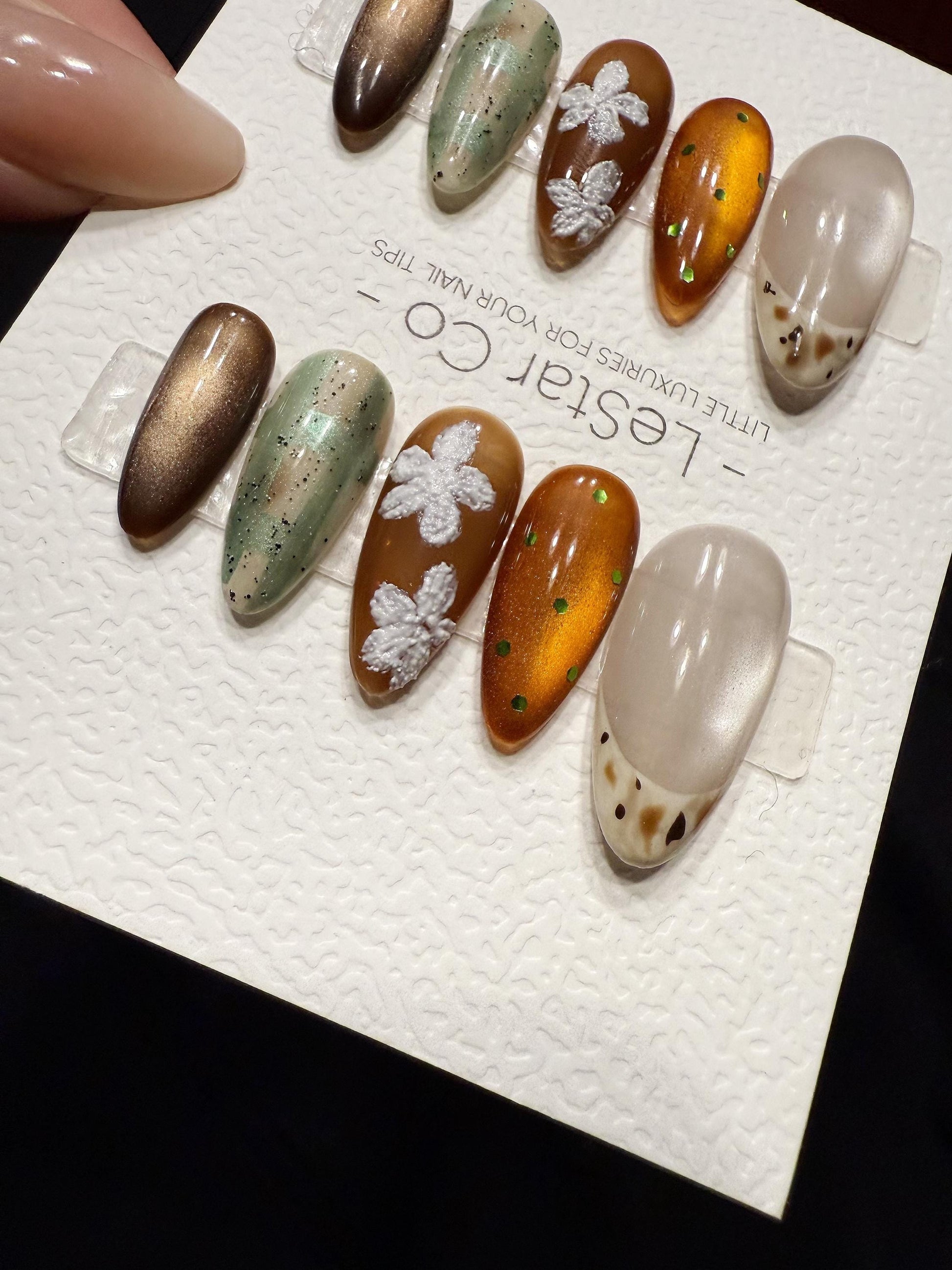 Reusable Mocha Garden Cat Eye | Handmade Press On Gel Nails | 4for3 Timed Offer