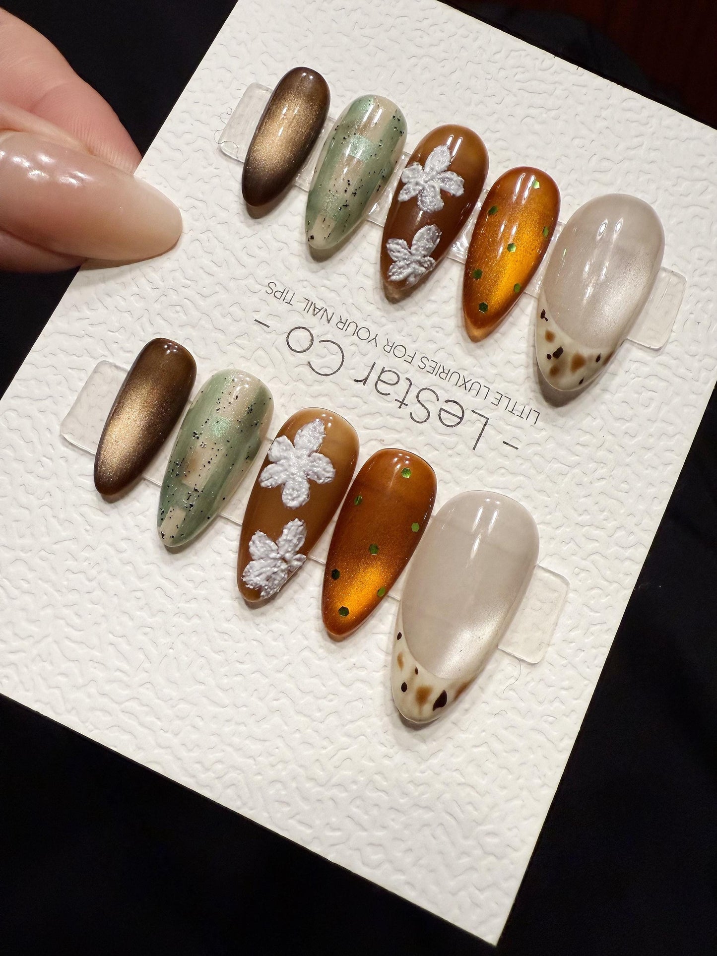 Reusable Mocha Garden Cat Eye | Handmade Press On Gel Nails | 4for3 Timed Offer