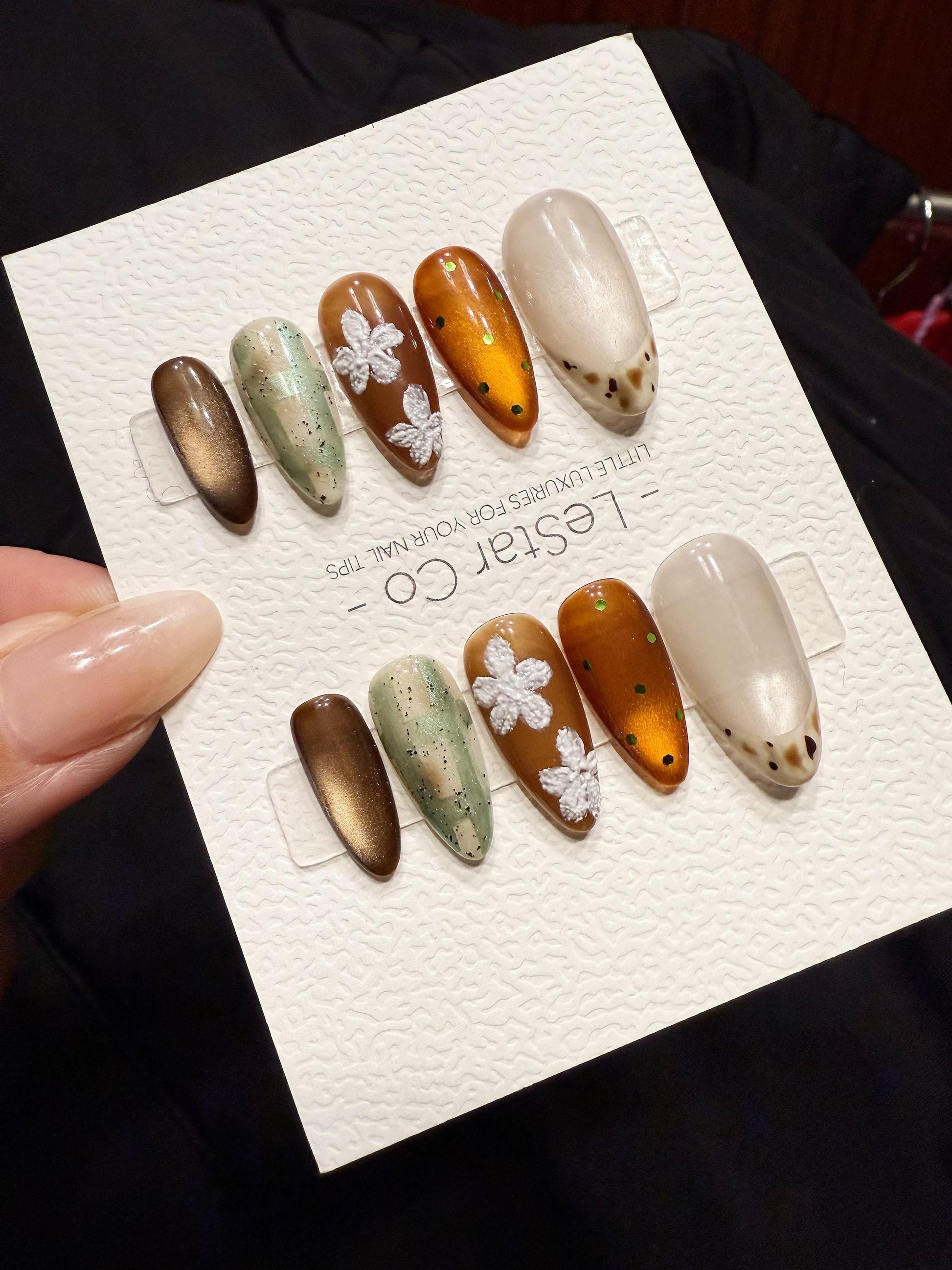 Reusable Mocha Garden Cat Eye | Handmade Press On Gel Nails | 4for3 Timed Offer