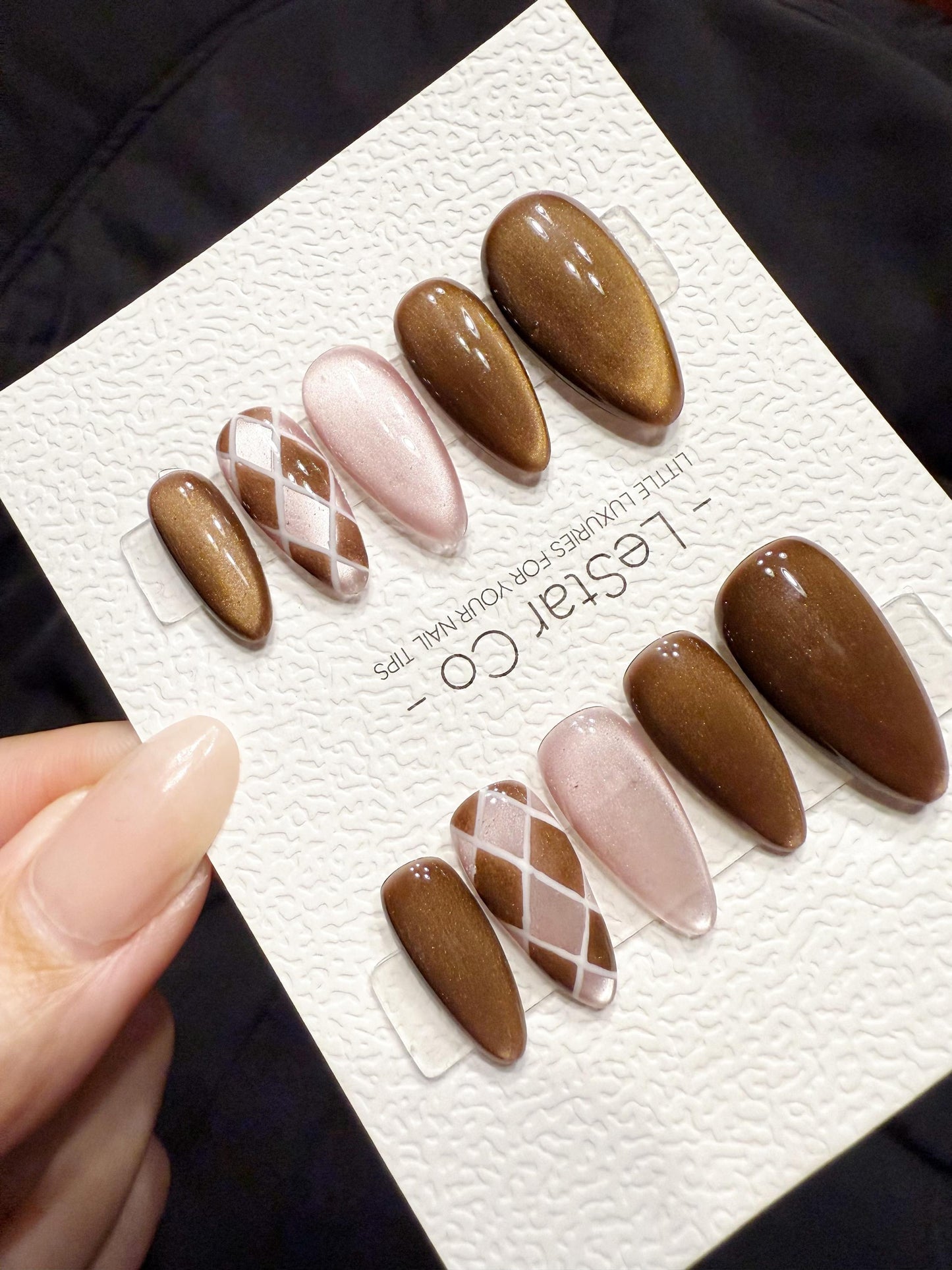 Reusable Cocoa Silk Lines | Handmade Press On Gel Acrylic Nails | 4for3 Timed Offer