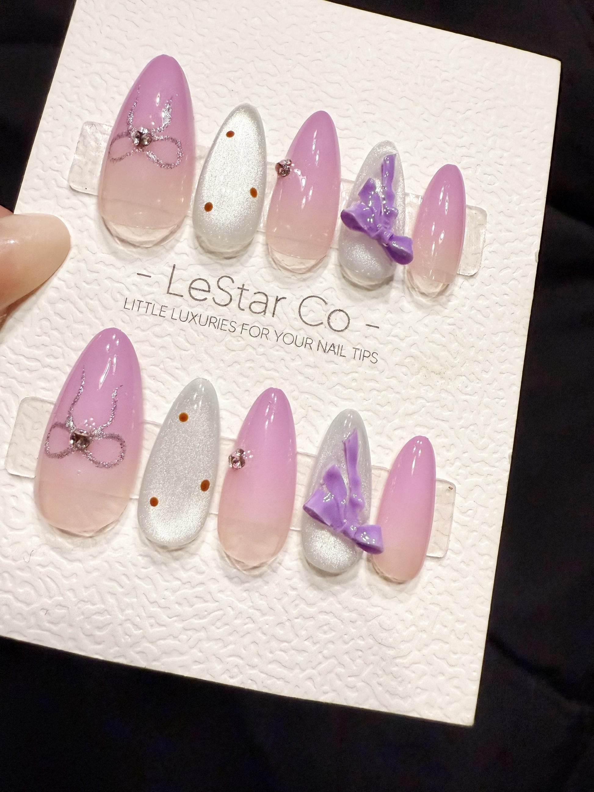 Reusable Lilac Bow Dream | Handmade Press On Gel Acrylic Nails | 4for3 Timed Offer