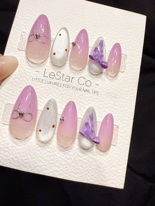Reusable Lilac Bow Dream | Handmade Press On Gel Acrylic Nails | 4for3 Timed Offer