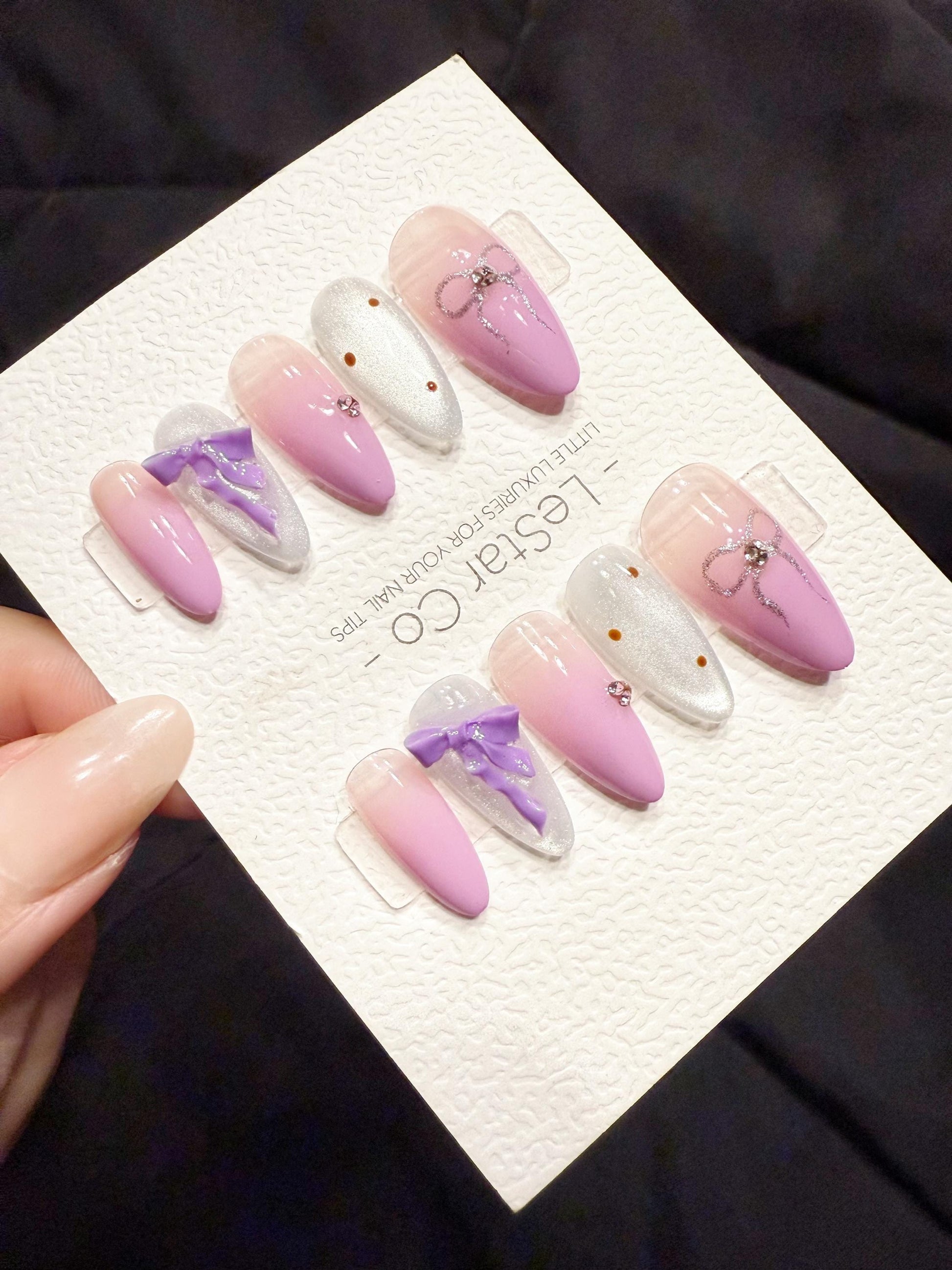 Reusable Lilac Bow Dream | Handmade Press On Gel Acrylic Nails | 4for3 Timed Offer