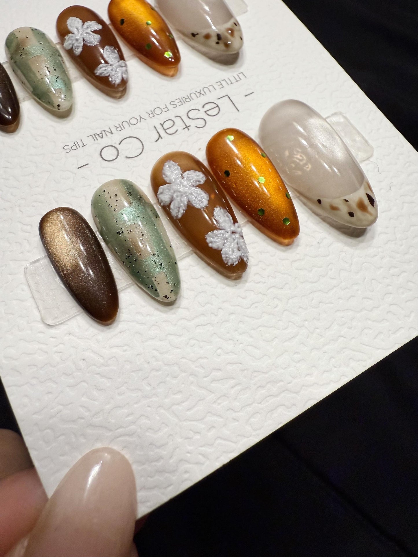 Reusable Mocha Garden Cat Eye | Handmade Press On Gel Nails | 4for3 Timed Offer