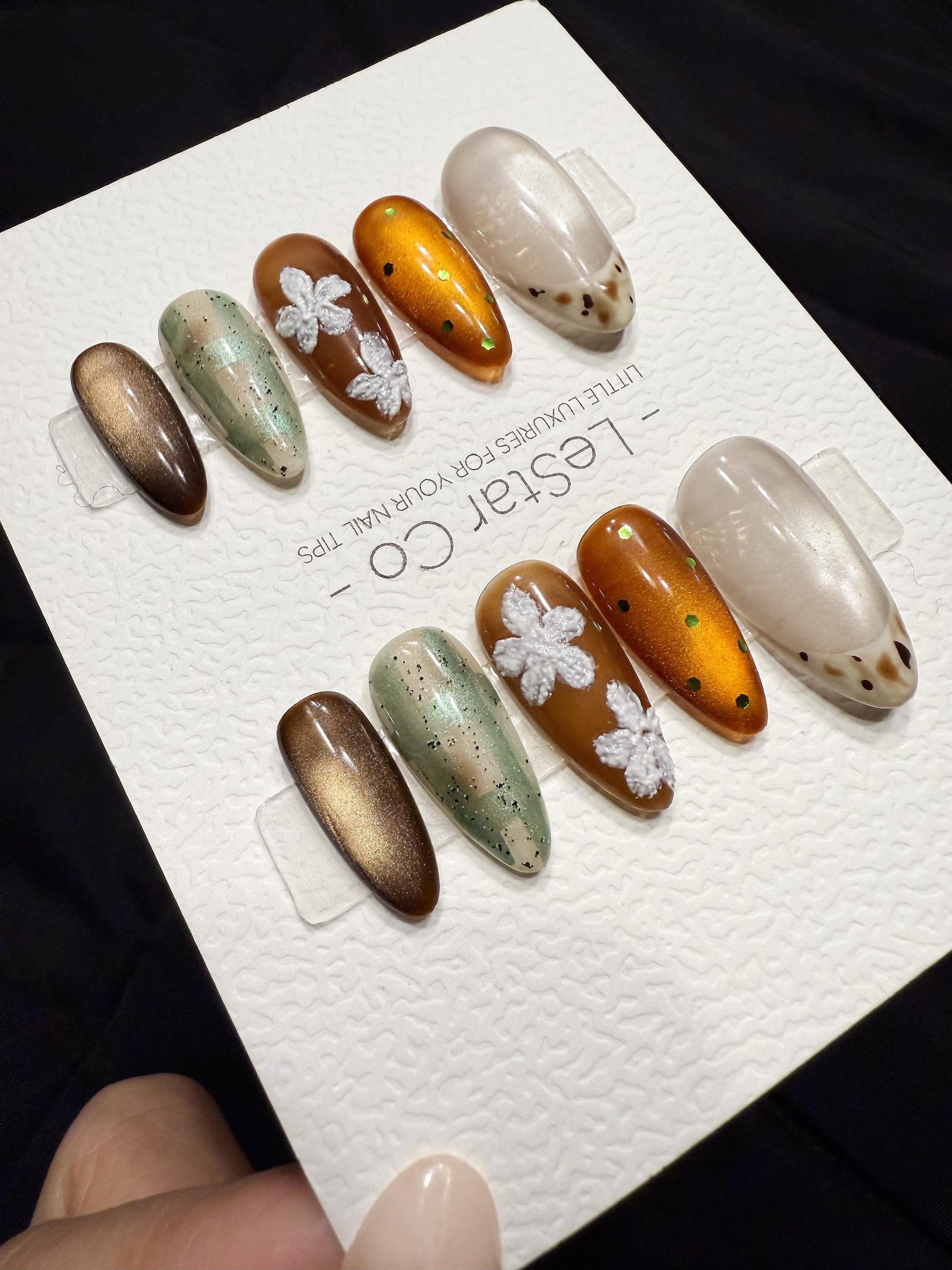 Reusable Mocha Garden Cat Eye | Handmade Press On Gel Nails | 4for3 Timed Offer