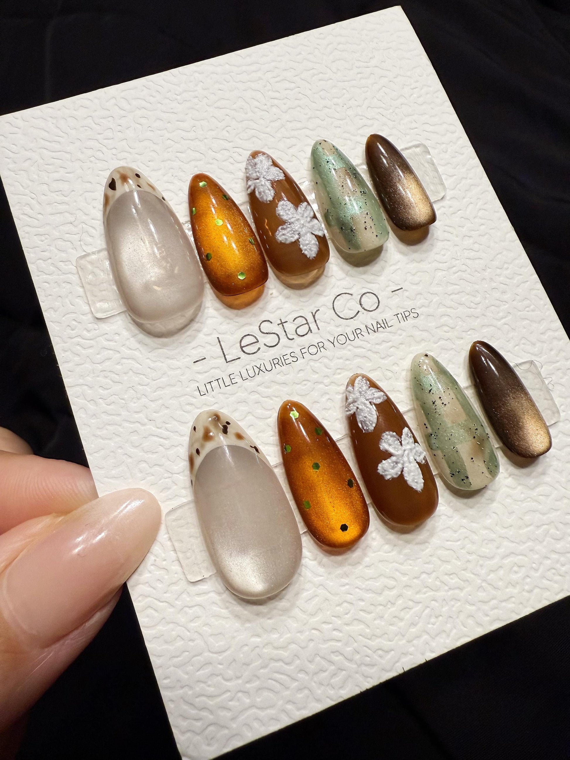 Reusable Mocha Garden Cat Eye | Handmade Press On Gel Nails | 4for3 Timed Offer