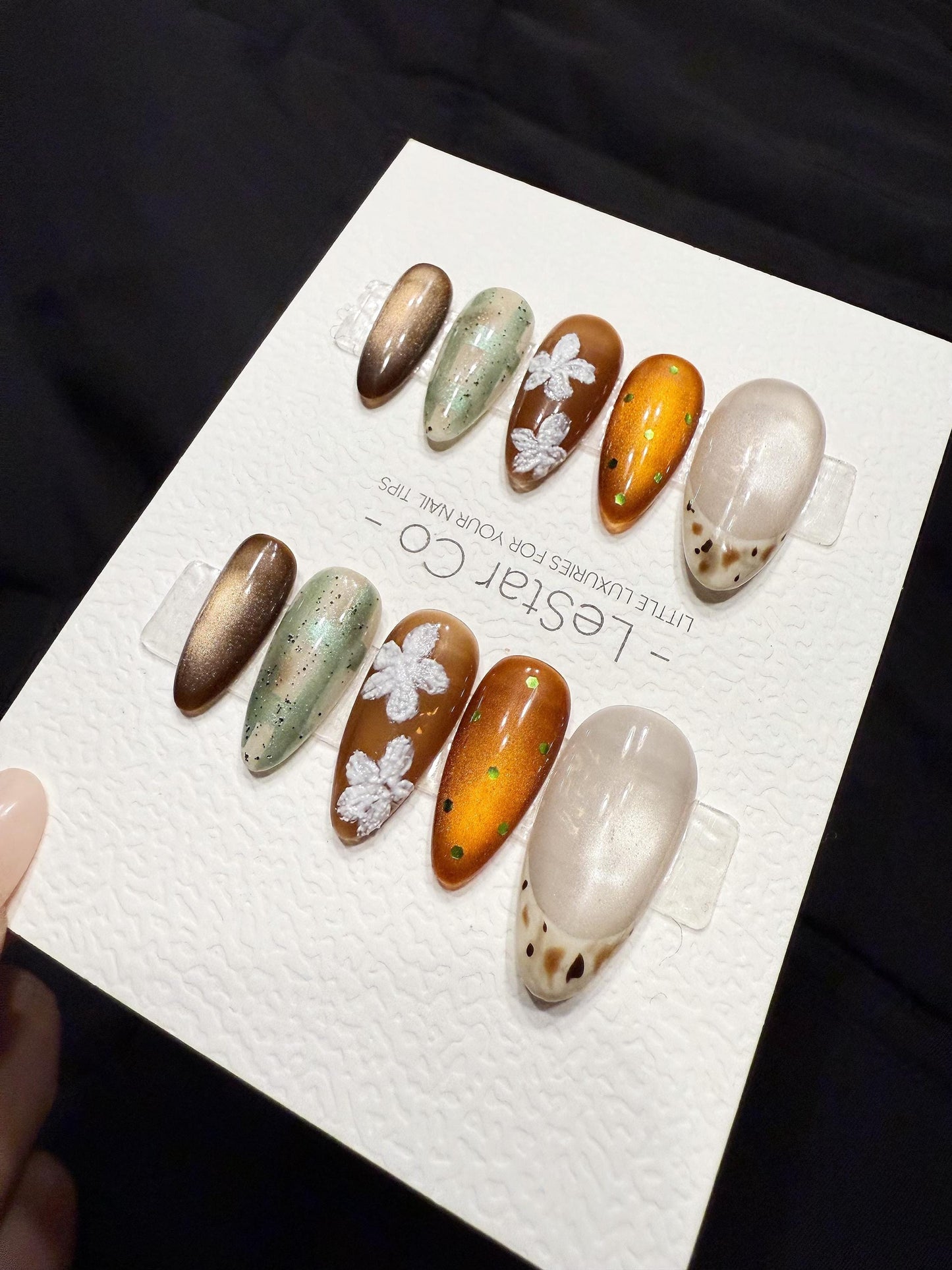 Reusable Mocha Garden Cat Eye | Handmade Press On Gel Nails | 4for3 Timed Offer